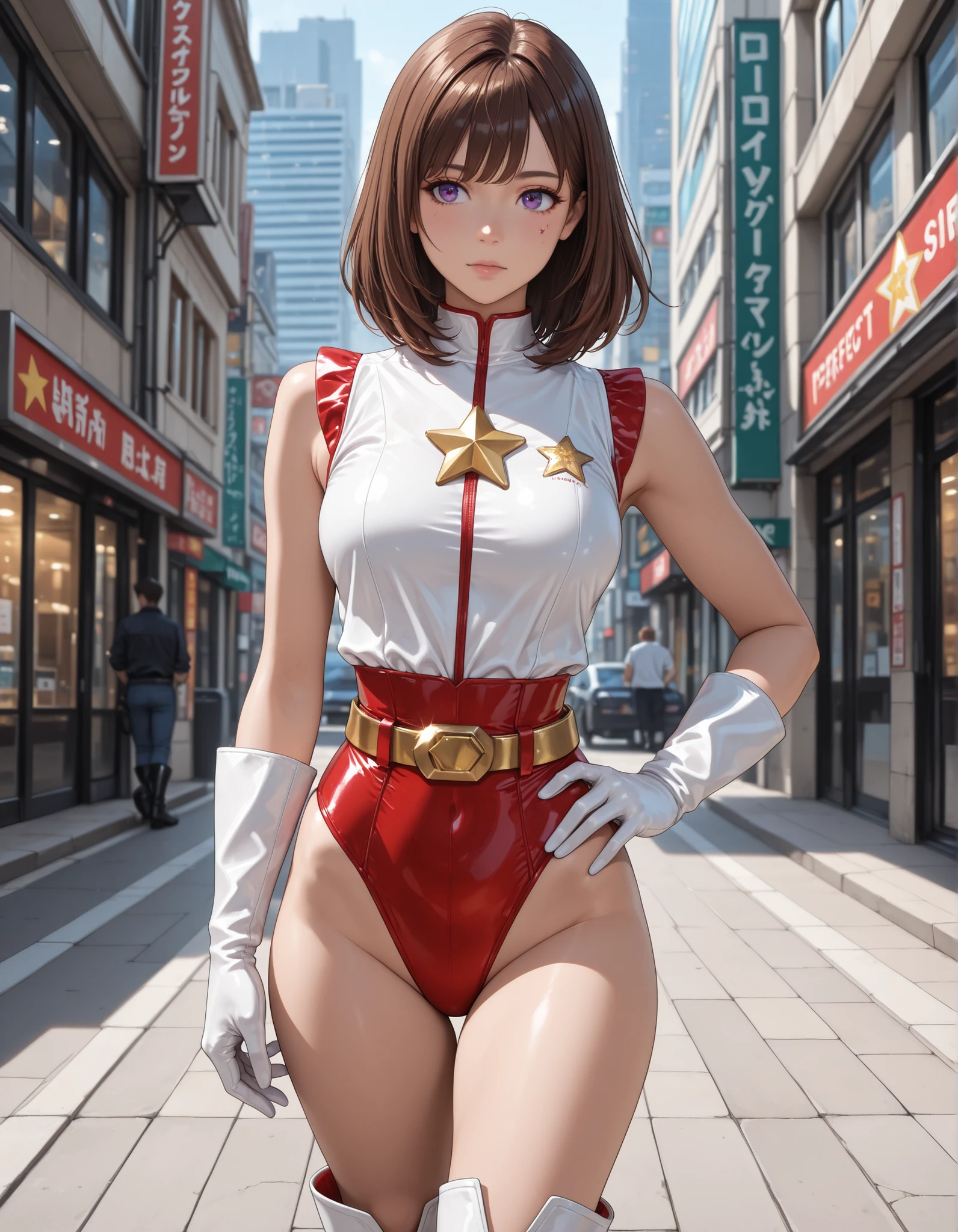 ((masterpiece)). ((best quality)), ((highres)), 1girl, solo, short hair, brown hair, purple eyes, (full body), standing, hands on hip, (sleeveless white and red leotard with yellow accents and star emblem embedded in chest area), (matching white gloves), ((bare legs)), superhero, tokyo city backdrop, matching boots, medium breasts, 20 age,