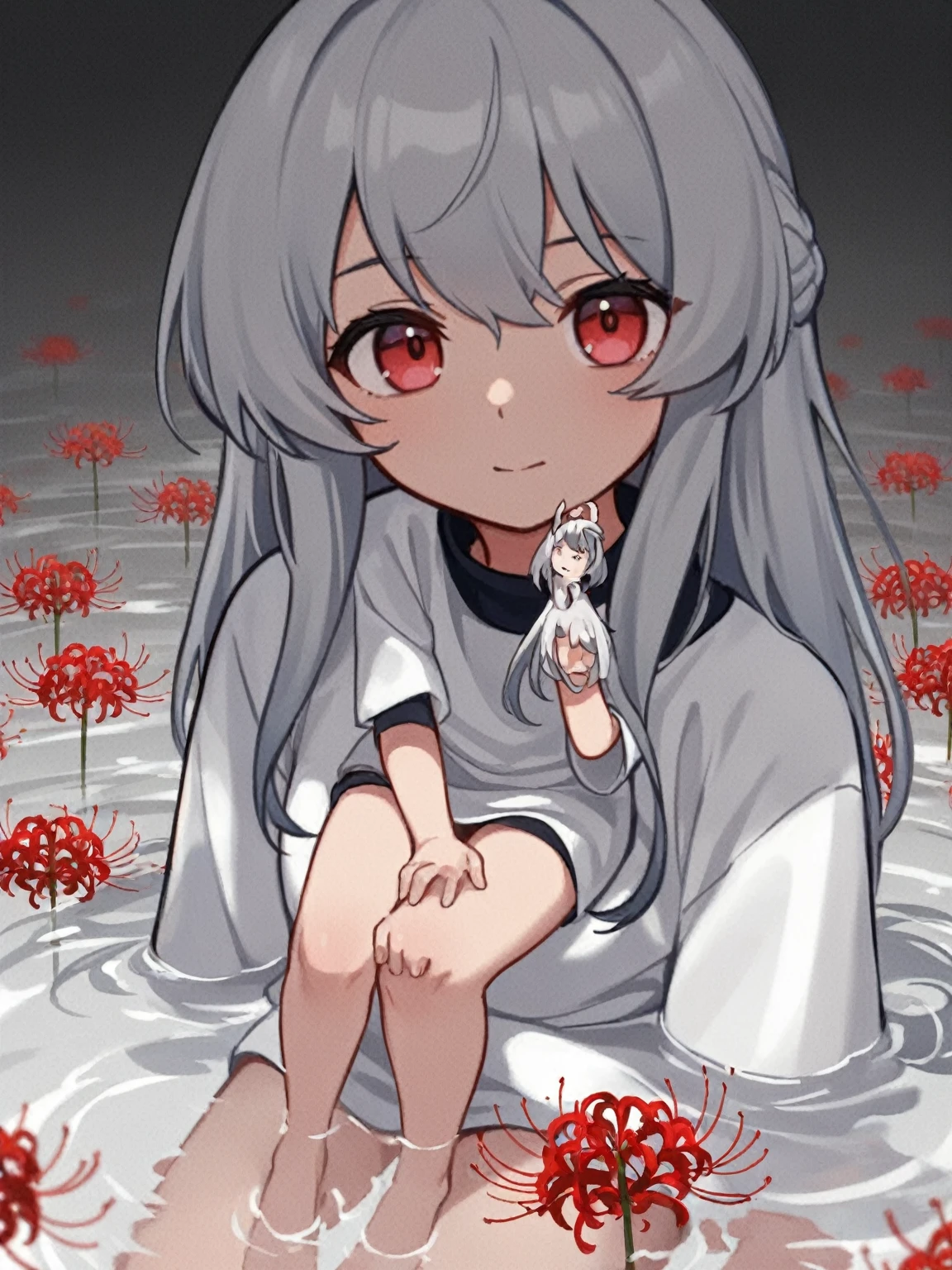 (8K, best quality, master piece: 1.5),super high resolution, One girl, solo, full shot, , ultra-detailed face, detailed eyes, wine red eyes, slant eyes, angry, (Silver gray hair, red streaked hair:1.2), Medium chest, ((Muddy and torn clothes)), sneakers, Dark back alley, indian style, sitting, Holding a puppy
