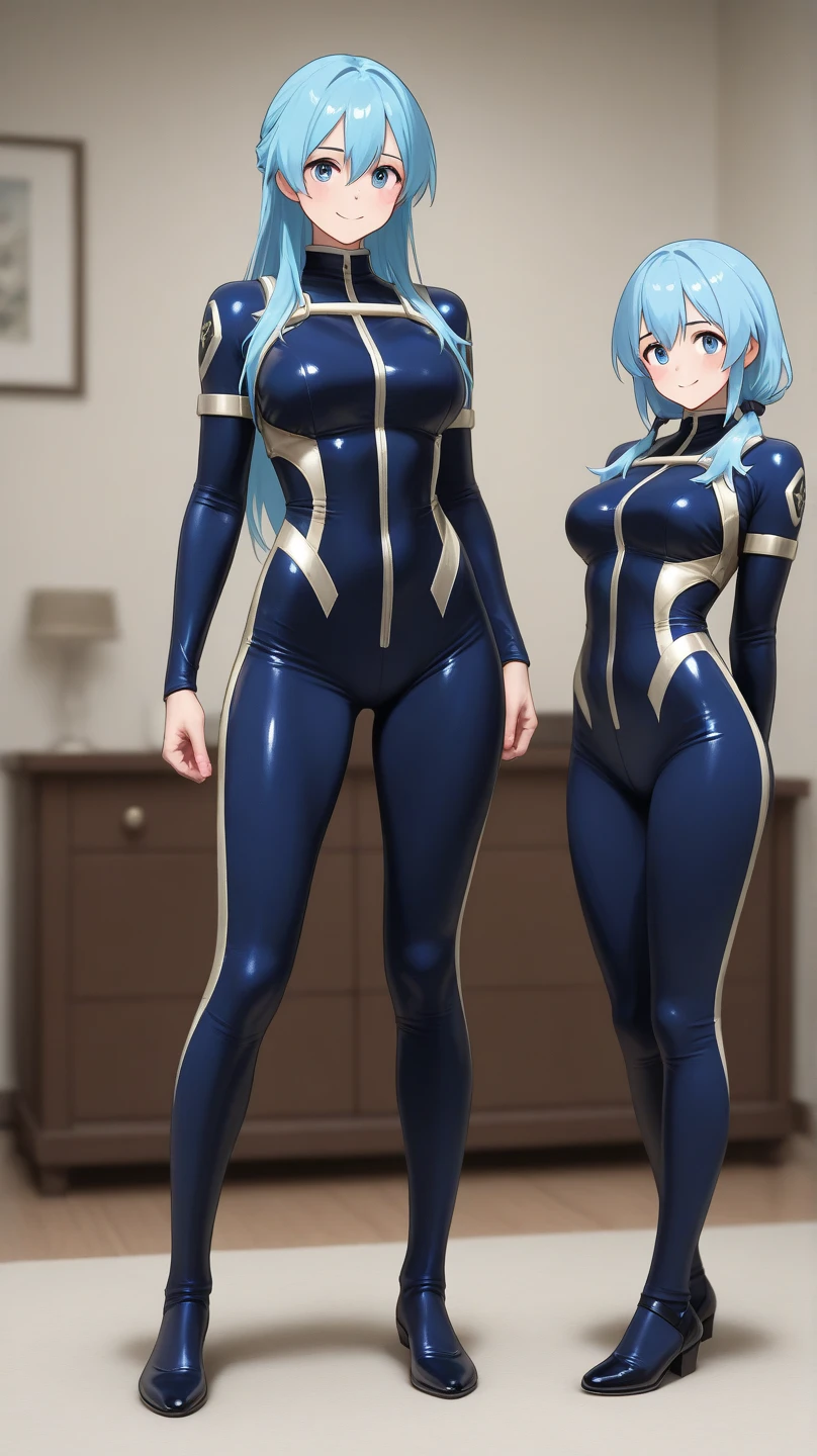 ultra-detailed, Explicit, Beautiful body, Beautiful Nose, Beautiful character design, perfect eyes, perfect face, ultra highres, 4K, beautiful legs, perfect legs, Nice hands, Perfect hand, Masterpiece, Best Quality, Highly detailed, illustration, absurdres, perfect anatomy, expressionless, blank eyes, emotionless,corruption, mind control, female combatant, full body, hypnotized, unhappy trance, full body suit, ribbed bodysuit, both arms at side, obey, perfect female body, looking at viewer, hypnosis, hypnoLora, empty eyes, Mind control device, poses, submissive_pose, Slave, standing straight, standing, Fighting Stance, standing at attention, numbersuit, two-tone bodysuit:0.9, blue bodysuit:0.9, light blue bodysuit:0.9, 1girl, solo, hair ornaments, TOPSPD, TWIN BRAIDS, long hair, orange hair, blue eyes, medium breast