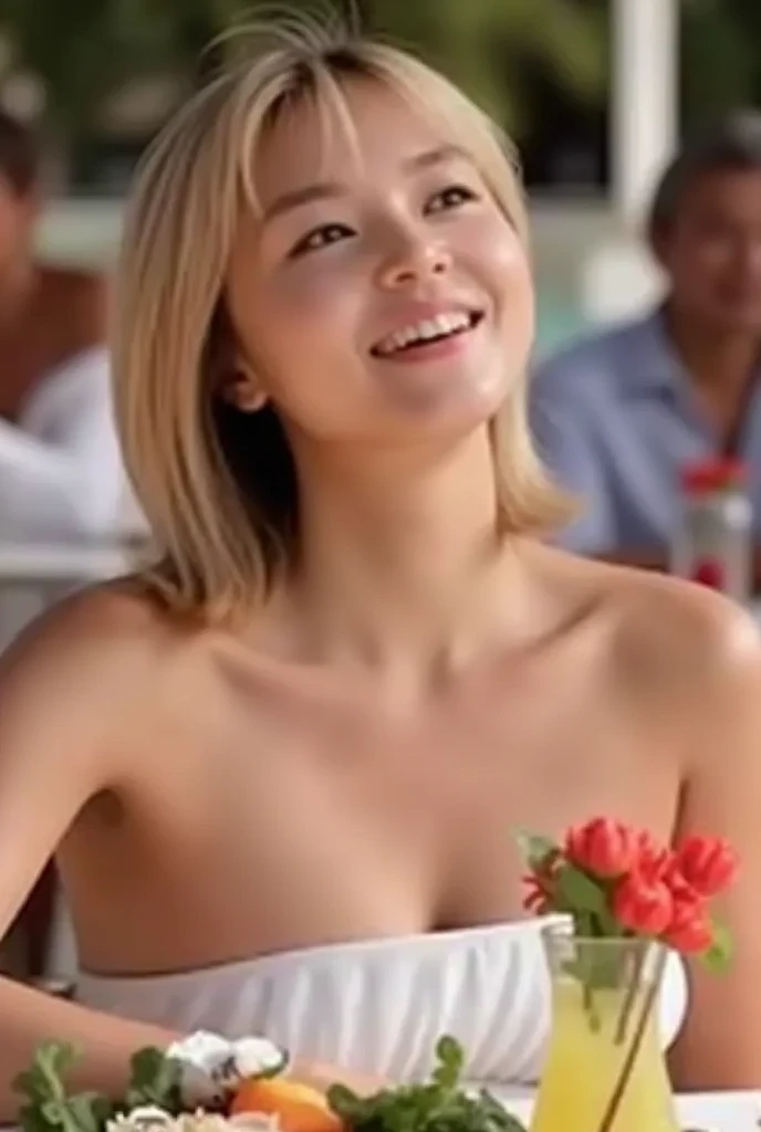 Gwen, ripped muscle, muscular body, pale skin, smile(blush), nude, thin necklace, [ultra detailed skin:1.2], 8k uhd, full body, stand, sweat, cum on face, crowd, public, poolside,