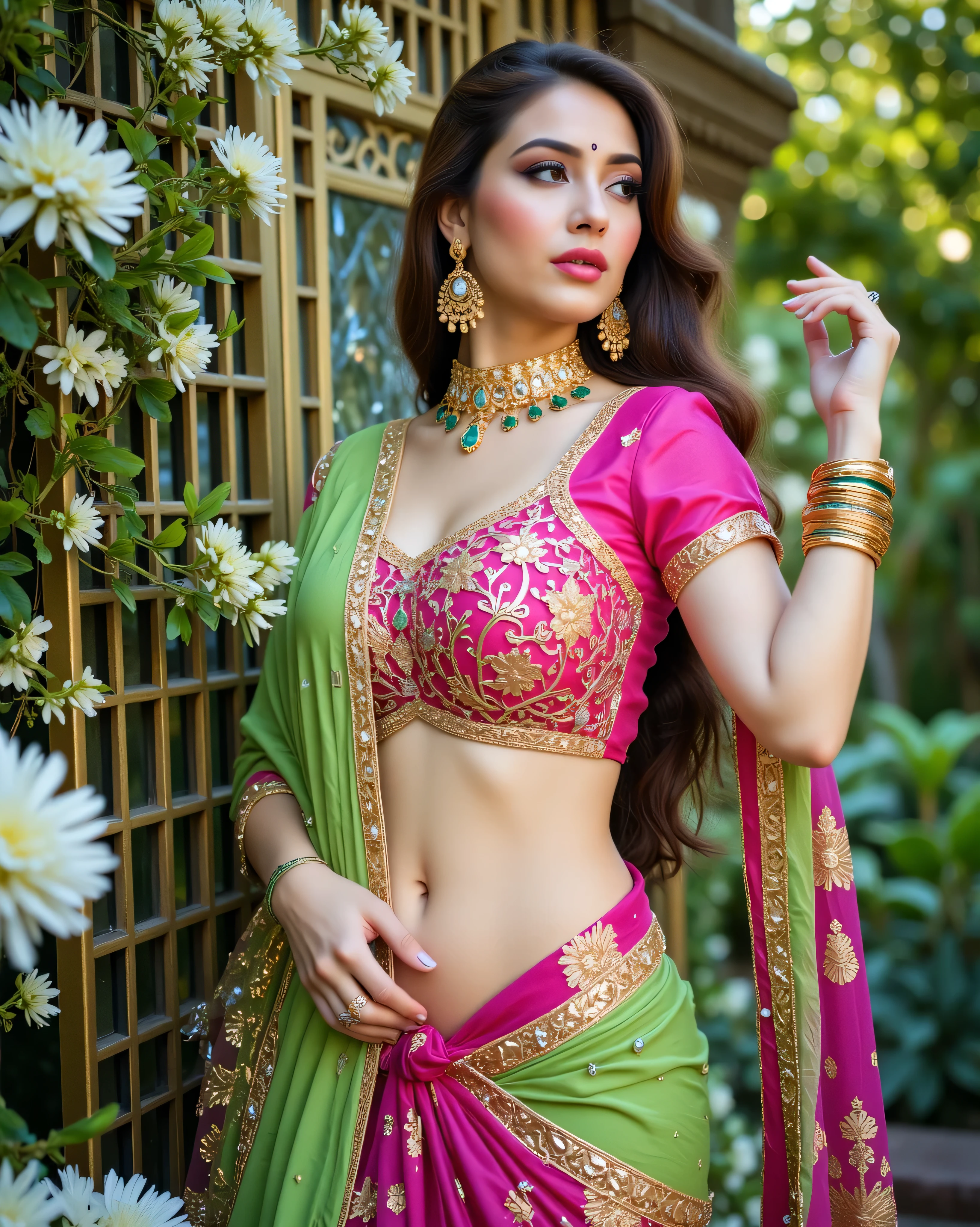 A captivating portrait of a beautiful woman in a traditional Indian saree, posed elegantly in a lush garden setting. The saree is a stunning combination of vibrant green and magenta, adorned with intricate gold embroidery and embellishments. The blouse features a deep neckline with ornate golden patterns, seamlessly blending with the saree’s rich, luxurious fabric. The saree's pallu drapes gracefully over her shoulder, accentuating her poised and graceful demeanor.
The woman has long, flowing hair styled in soft waves, complementing her refined and graceful appearance. Her skin has a warm, glowing complexion, enhanced by subtle,natural makeup with a hint of blush and glossy pink lips. Her striking eyes are accentuated with soft eyeliner and long lashes, and she wears a traditional bindi on her forehead, adding a touch of cultural elegance.
She is adorned with traditional Indian jewelry, including a grand gold necklace with emerald gemstones, matching chandelier earrings, and stacked golden bangles. The jewelry sparkles subtly under the soft natural light. The setting features a garden filled with blooming white flowers, lush greenery, and intricate lattice structures, creating a serene and romantic atmosphere.Lighting is soft, with natural sunlight filtering through the foliage, casting delicate shadows and highlights on her face and attire. The overall mood of the image is one of elegance, grace, and timeless beauty, with a rich, vibrant color palette that highlights the cultural and artistic elements of traditional Indian fashion.Style: Hyper-realistic, vivid colors, high-detail embroidery, intricate jewelry design, soft natural lighting, graceful pose, serene garden ambiance.Camera Settings: High resolution, portrait orientation, shallow depth of field, focus on the subject, soft background blur to enhance the model's prominence.