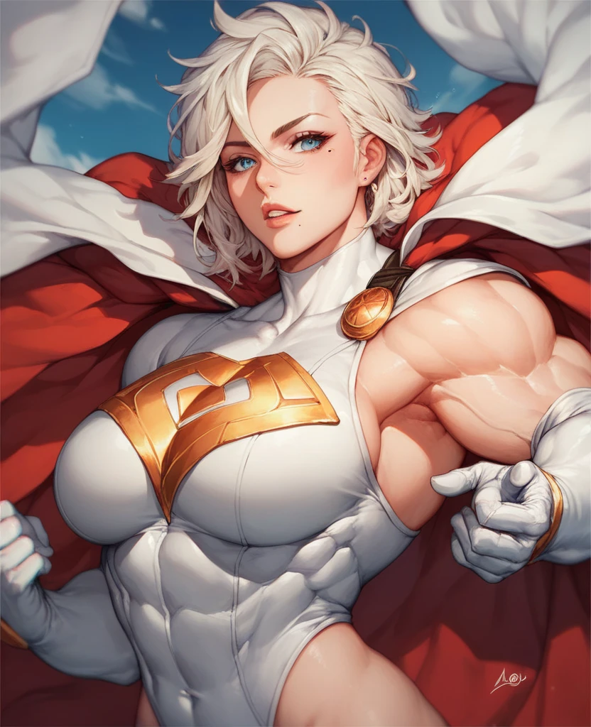 (high quality, 8k, 4K, high contrast, artwork:1.2, high quality, best aesthetics), (centered), ((1 woman)), erotic, sensual, mature body, super detailed, beautiful face detailed, beautiful eyes detailed, detailed beautiful mouth, perfect breats, perfect wide thighs, (short black messy hair), (black eyes), (proud and sadistic expression), (villain), (blue and red hero uniform), (red cape), (gold shoulder pads), (standing), (looking at the viewer), (piercing gaze), (beautiful blue sky in the background)