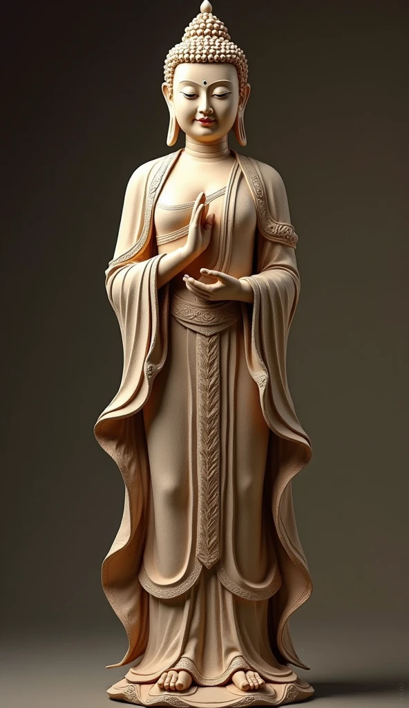Super realistic. Buddha statue of Yang Guifei Full-body Standing, Precisely carved wooden statue, simple background, Mail Order Catalogue, bokeh effect, depth of field, hyper Realistic, Spot Lighting. in SFW