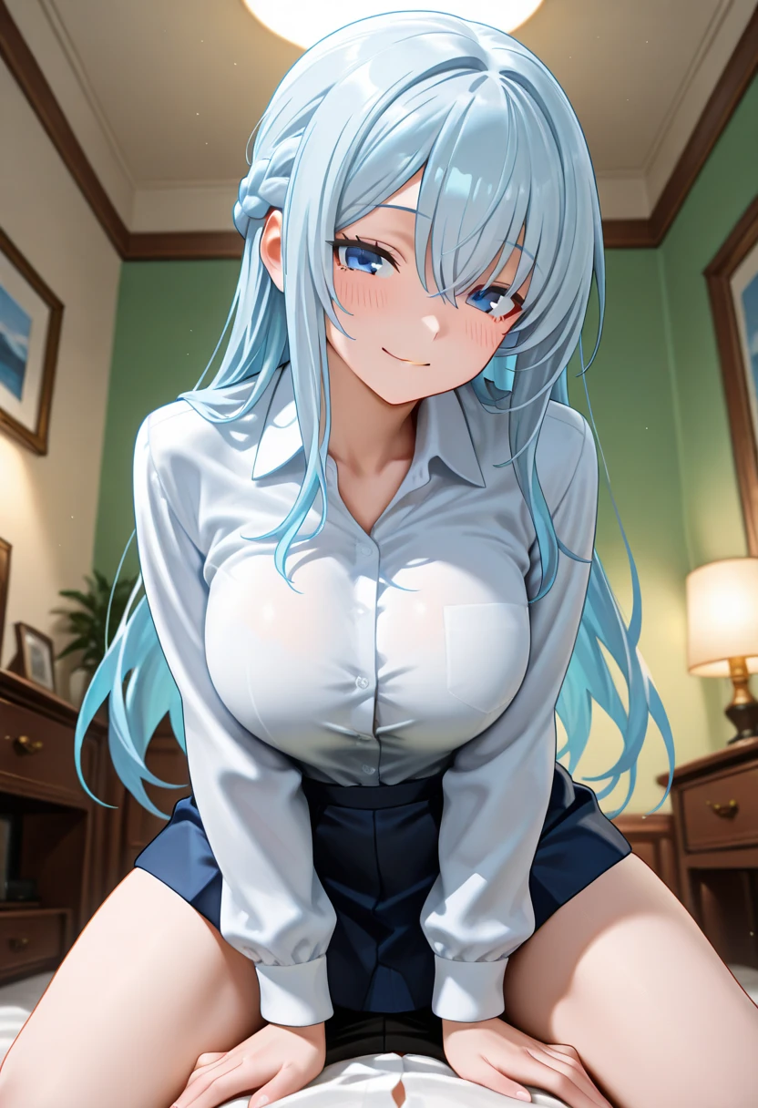1girl, solo, full body, office room, blue hair, long hair, small side ponytails, large breasts, button down shirt, ((white shirt)), ((short sleeved shirt)), ((unbuttoned shirt)), popping buttons, unbuttoning buttons, cleavage 1:3, brown eyes, dark skirt, grin, looking at the viewer, sitting in chair, hair ribbon, golden necklate