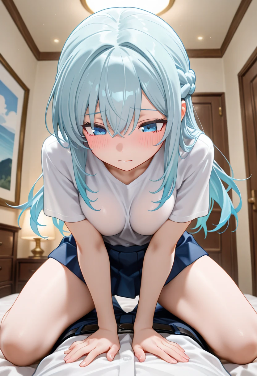 Super best quality、Ultra-high resolution、Beautiful details、Ultra HD quality、1 girl、9 year old pretty girl、Long blue hair、Panting expression、Moist with tears、Navy blue school swimsuit、pubic hair、clitoriedium sized breasts、Having sex、A large amount of love juice is dripping from the pussy、Beautiful pink nipples、
