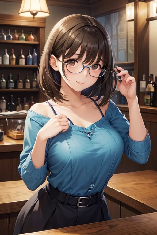 Highest quality,Highest Resolution,1 person,sexy,Short Bob,Very beautiful eyes,smile,Big Breasts,whole body,Glasses,Brown Skin,Against the wall