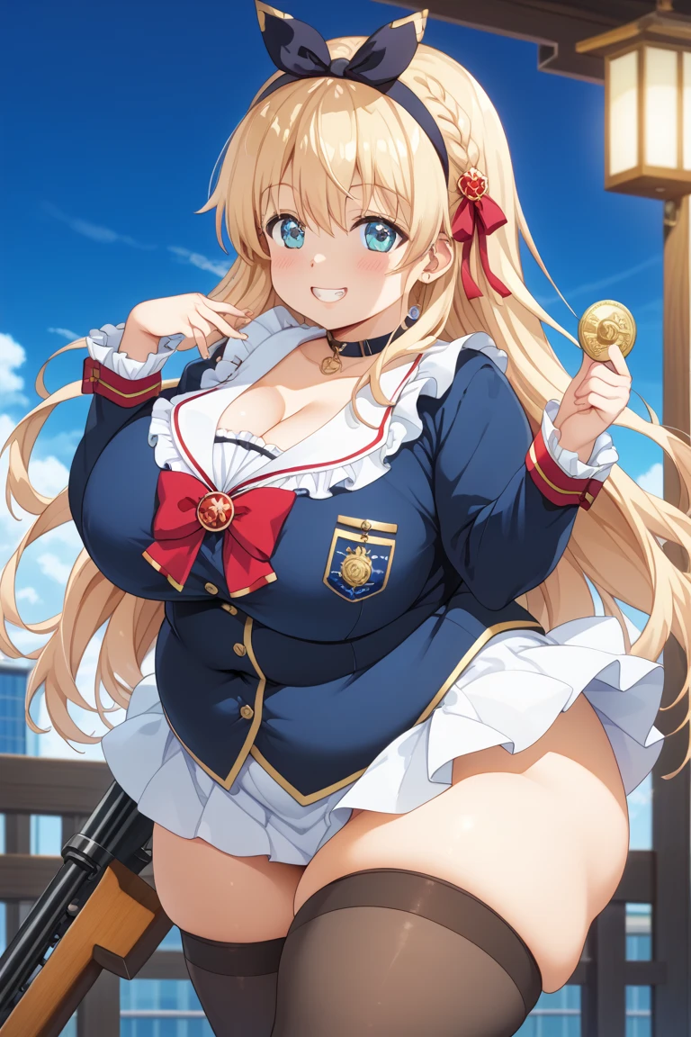 1 girl, detailed blue eyes, lange wimpern, detailed beautiful face, 4k quality, (Long blonde hair:1.4), (arms behind back:1.3), Red rope, blushing, (Big breasts:1.6), erina nakiri, long hair, orange hair, (purple eyes:1.1), hair between eyes, skirt, thighhighs, bow, jacket, pleated skirt, shoes, black thighhighs, zettai ryouiki, plaid, plaid skirt, blazer, 18 jears old, (bondage:1.6), standing on a beach, erhobene Augenbrauen, pralle Brüste, Front View of girl, detaillierte nah aufnahmen