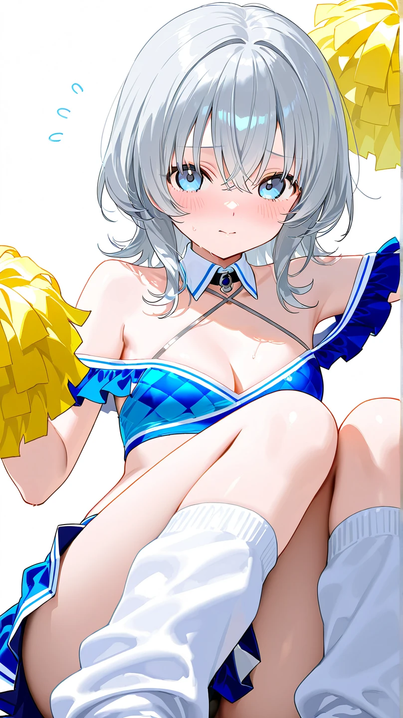 beautiful silver hair, very short hair, Blue eyes, ponytails, blunt bangs, Woman with dark skin, sunburnt, slim waist, wide hips, cheerleader, nipples are visible, lace-up boots, medium pleated nylon skirt, medium breast, smile, Small parts, sexy pose, Enchanting pose, arched back, shot in the chest, nipples are visible