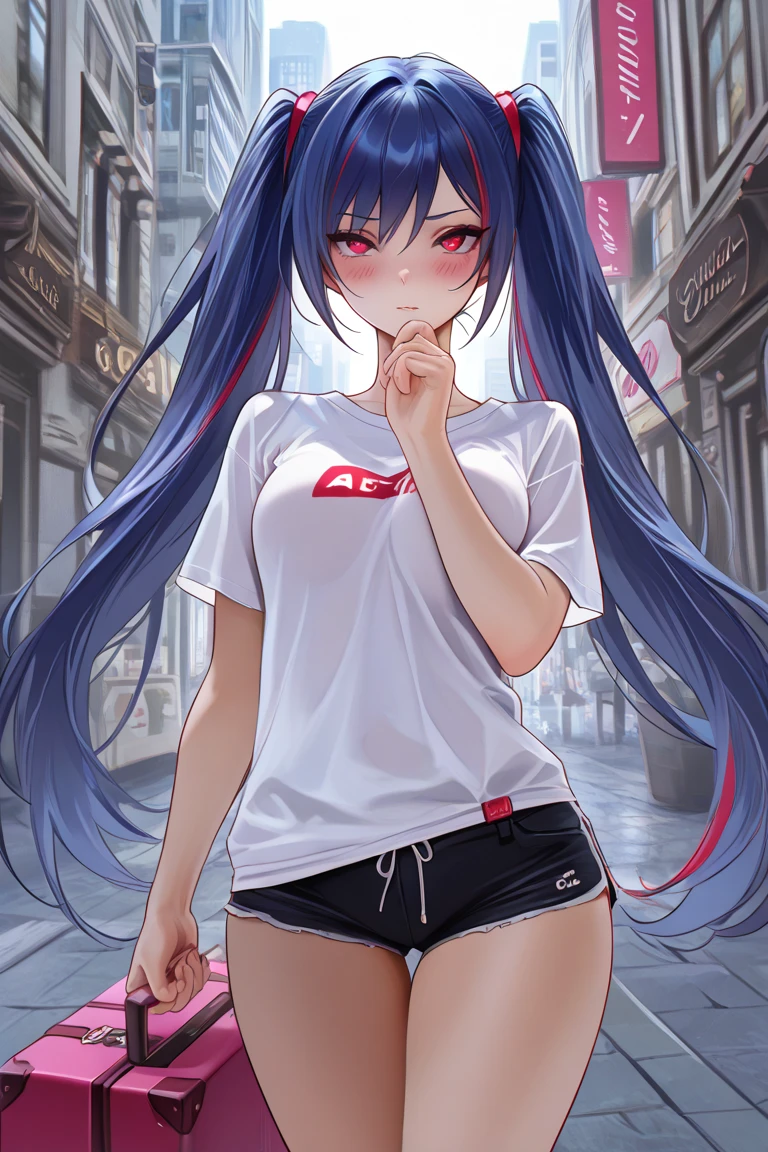 best quality, 4K wallpaper, masterpiece, extremely detailed CG unity 8k wallpaper, extremely detailed eyes, ultra-detailed, 1girl, solo, red + blue + black colored hair, long hair, in dance studio, pantyhose under denim shorts, plain white shirt, sweaty, baseball cap, medium , short shirt, wide view, dancing