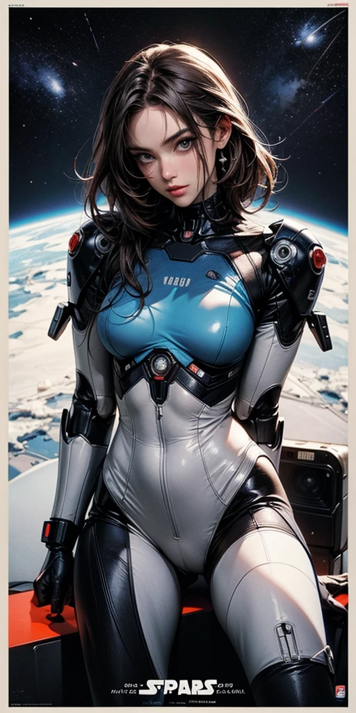 masterpiece, best quality, 1girl, See-through transparent skinblue bodysuit, mechanical, cowboy shot, space, milk leaking breasts, nude