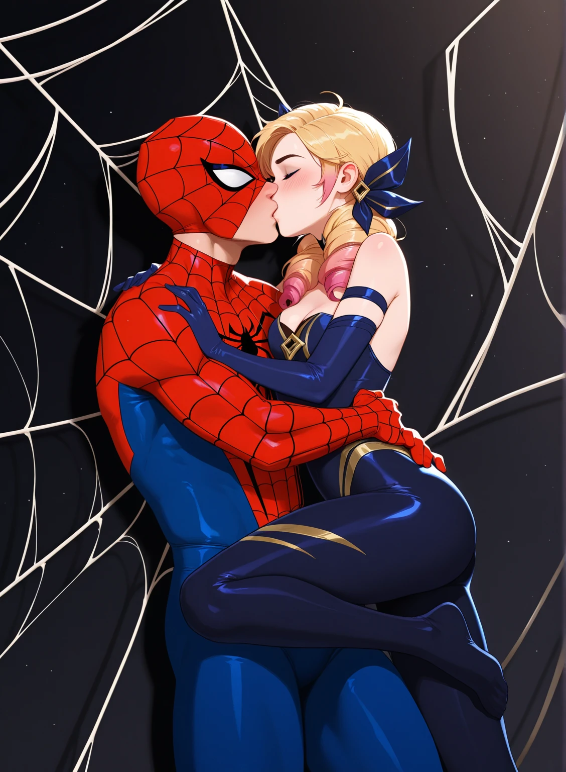 Realistic image of {Spider-Man 2099 and Gwen Stacy, naked, Action {Having sex}, {Neon lighting))}, smooth and smooth skin, Symmetrical face, full body, big ass, symmetry and full mouth sensualizing, human ideal , 85mm lens, f8, photography, ultra details, Natural light, backlight, photo, studio lighting