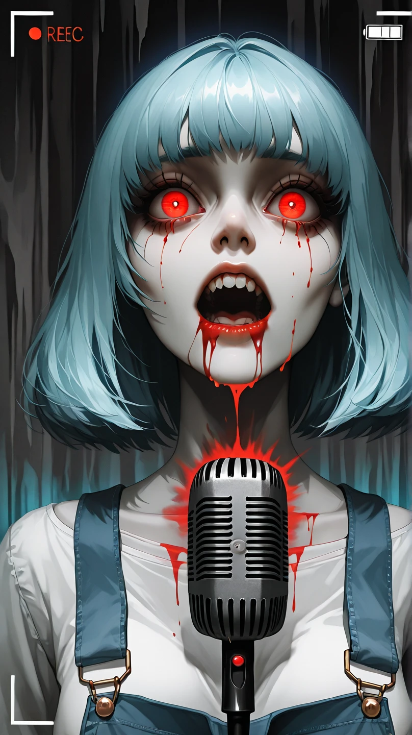 (masutepiece, Best Quality:1.2), Cover image, Splash color background, Highly detailed, Colorful black, 1 girl, Long silver hair, Red Eyes, Short hair, Blunt bangs, mannequin, Have a microphone,Cool Face,Creepy grin, ((( brown cut clothes))), Illustration, horror art, terror, creepy, Blood, Blood eyes, gore,
