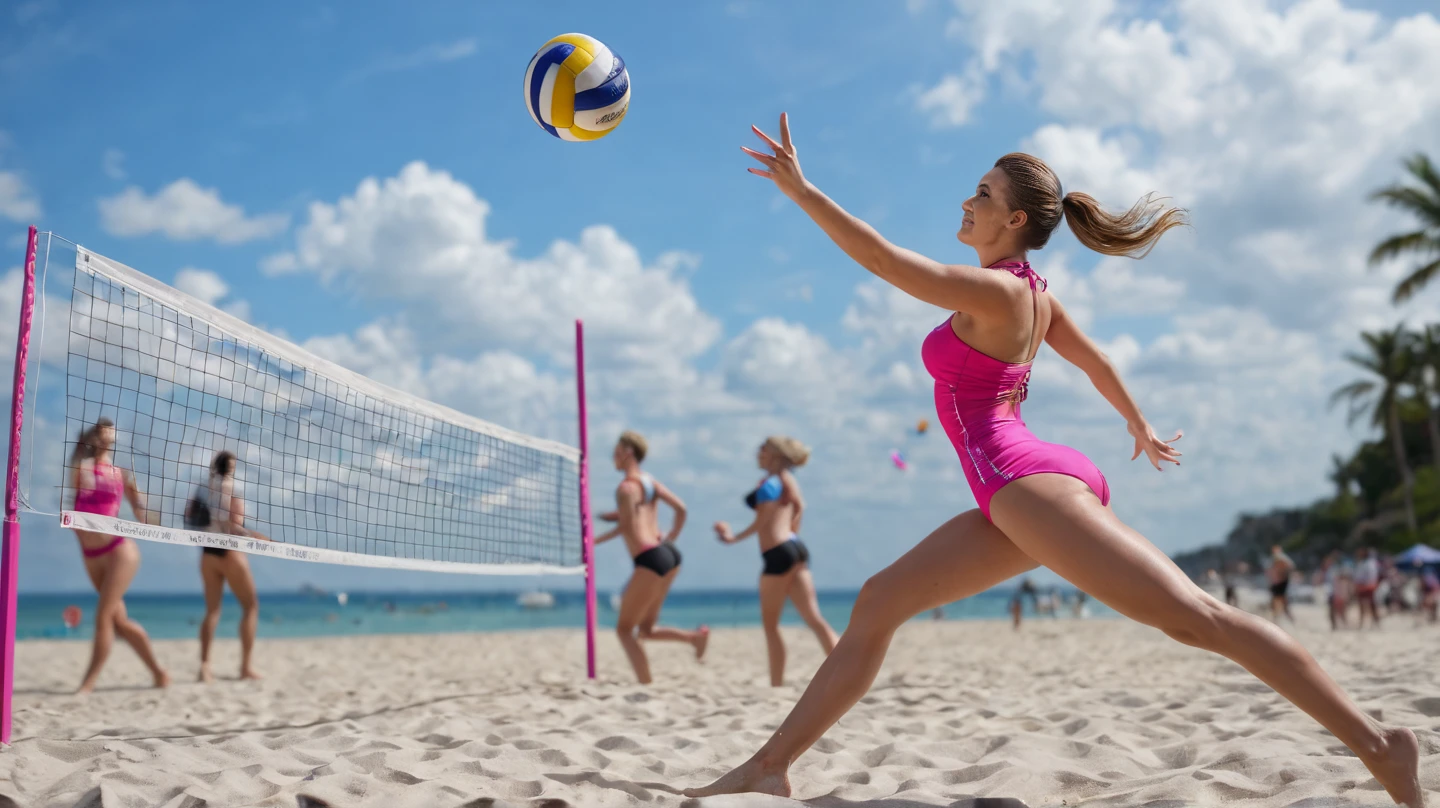(Masterpiece), (intriciate detail), (Photorealistic:1.3), (film grain), (perfect anatomy:1.3), 4 cute 22-year-old girls, bikini, Beach volleyball, 2 vs 2, Offense & Defense, jumping, blocking, Outdoor, On the beach with waves, ((1 Ball)), (s whole body), (Bokeh:1.2), Dynamic Angle, beach volleyball field,