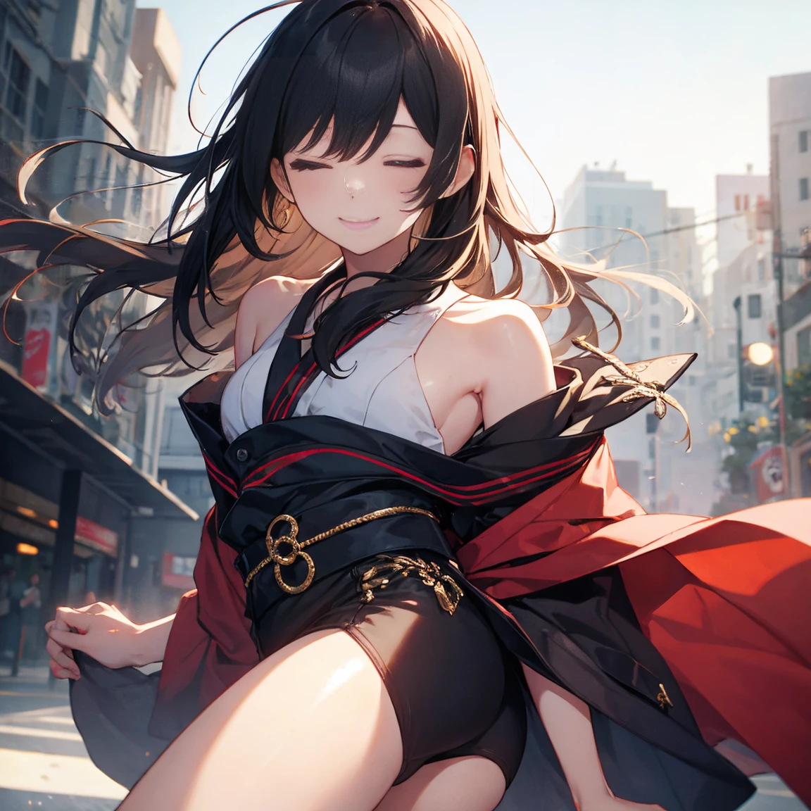 (((masterpiece,Highest quality:1.3,best quality illustration))),(realistic),cowboy shot,独奏,1woman,18 year old beauty,black hair,long hair,bangs,black eyes,gorgeous big eyes,((very small head:1.3)),blush,((very long body:1.2,skinny)),medium breasts,White tube top shirt、navel、(Black pleated mini skirt),Brown leather fingerless gloves、sweat,gleaming skin,toned body,slender body、Martial arts stance、Martial Arts Matches、amphitheater、