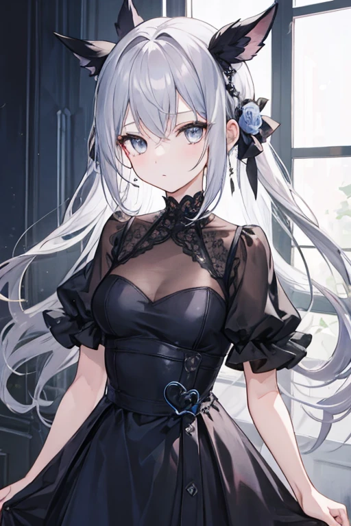 (1 woman),Gothic,twin tail,gray hair, organza lace,colorful and fussy clothes,Gothic, I am, blue, (fancy), Bold strokes, Gradient Blend, motion blur, Shiny texture, Dynamic configuration, atmospheric perspective, impressionism, , (masterpiece), (best quality), amazing, (beautiful and delicate eyes), (in detail), depth of field, Highly detailed CG, original, very detailed wallpaper, (vivid colors), movie lights, (fancy), blush,