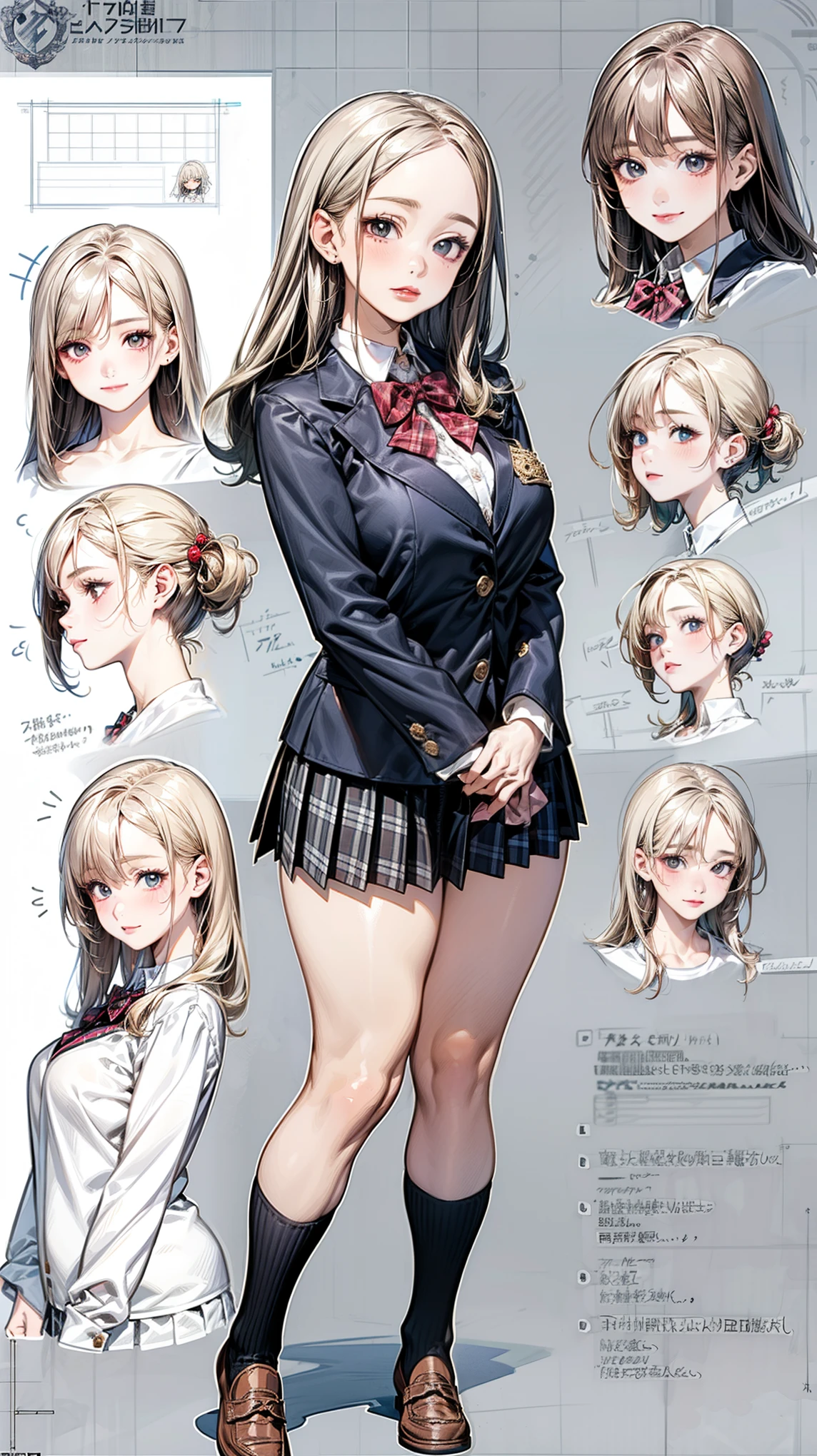girl, alone, whole body, From head to toe, Are standing, (Huge_chest:1.3),
Character design sheet, Character Reference Sheet, 設計図のSchematic, Drafting, Blueprint, Schematic,
((Character design sheet:1.7, Character Reference Sheet:1.7,)),(realistic, photorealistic:1.2),
anime/cartoon character wearing a girls , 1girl, alone, socks, red bow tie, black plaid pleated mini skirt, long sleeve black blazer, (long hair, straight hair, brown hair), forehead, gray eyes, slant eyes, big eyes, long eye lasher, (medium breasts, narrow west, seductive thighs, camel toe, large ass), glamorous, skin dentation, babyface, cute face:1.2, tiny, curvy, , shoes, loafers, , (Very short skirt:1.1),