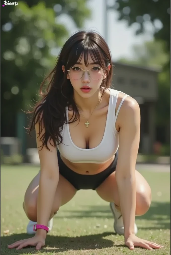 ((highest quality、8K、masterpiece、portrait:1.3)), lively, realistic, Super detailed, gravure lighting,15 year old simple Japanese woman, young face、height: 155cm Wears glasses, wear glasses, A plump and voluptuous body, Beautiful huge soft saggy breasts, cleavage, plump thighs,perfect anatomy, Beautiful shoulder-length black hair, A separate sports uniform that is wet and shiny with sweat,(tight fit), I can see your belly button, Sweaty and wet hair,Sweaty and shiny skin, Athletics stadium on a sunny day, Squat with your legs wide apart, Pee, urinating, I can see my crotch, Best shot from the front