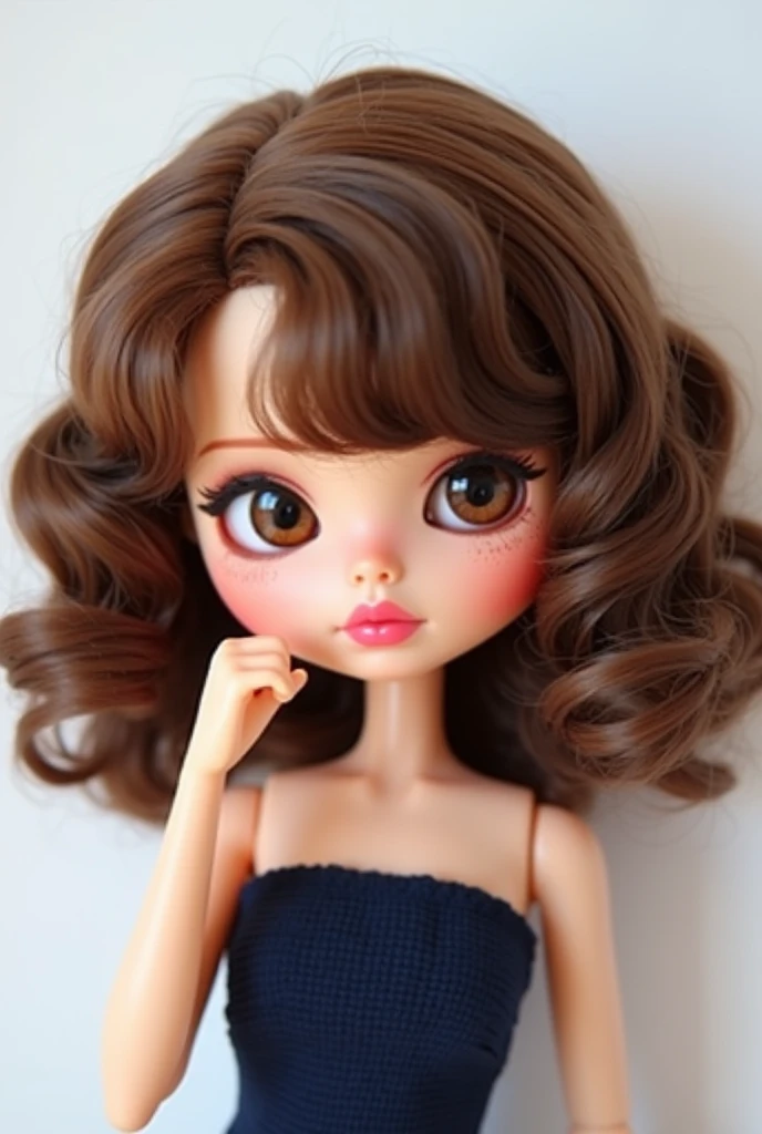 ((best quality)), ((masterpiece)), (detailed), perfect face Create a Blythe doll with short brown curly hair with bangs with defined curls, fair skin, brown eyes and dark circles