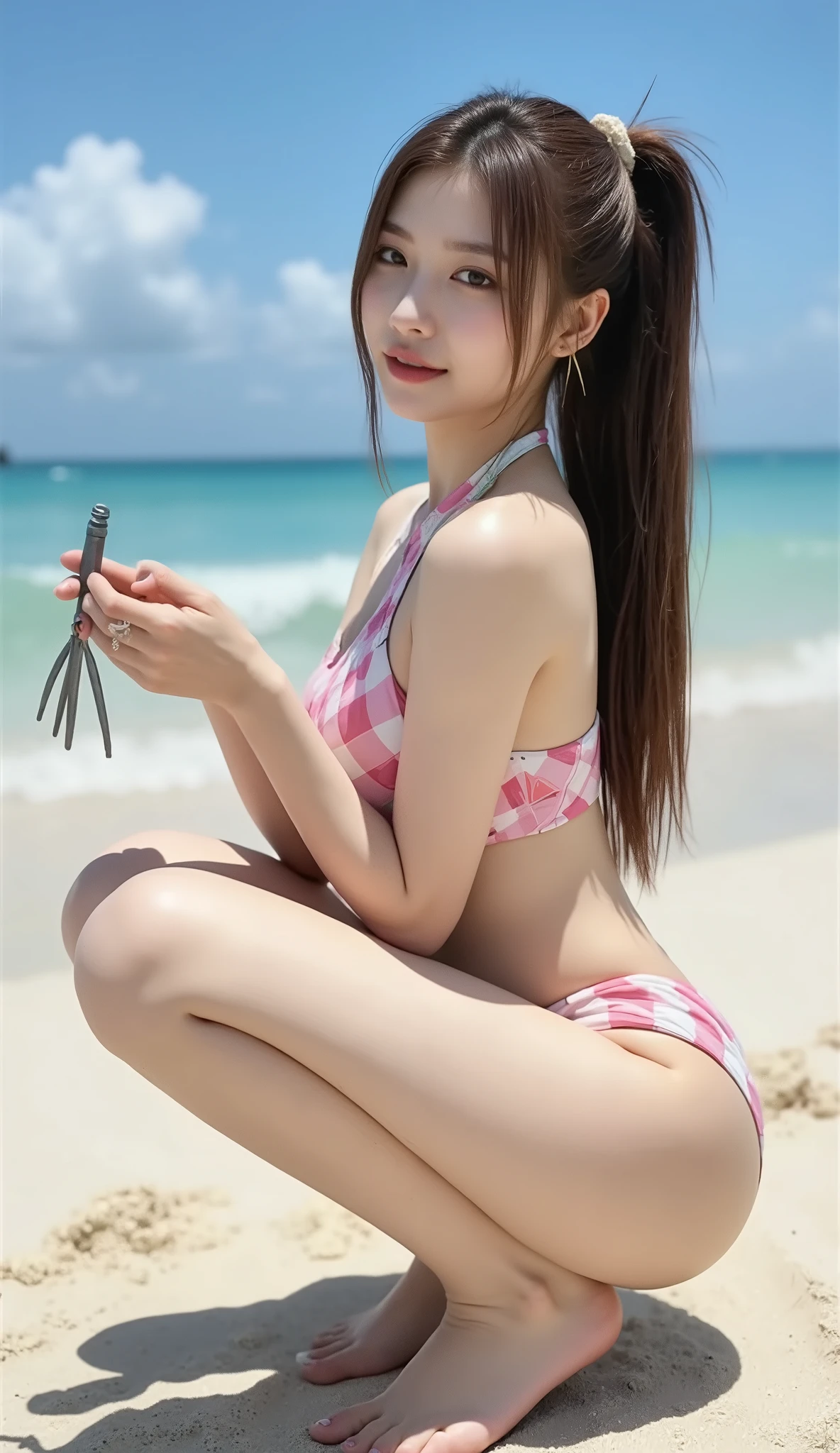 ((Korean pop idol who uses hunting tools。),((They are crouching on the beach and scraping sand using a small iron rake to collect clams,taken from the side)),((tropical sandy beaches and beautiful seas)),((High neck swimsuit)),(nice smile),(beautiful Korean idol makeup,beautiful lips,dark eyeshadow,Long Lashes),shiny skin staring at the camera, Show view , Beautiful hair, Pure Eyes , (super long side ponytail hair,beautiful hair with point colors),(8k, Top quality , Masterpiece:1.2, very detailed on trends),( anatomically correct,  Ultra Detailed Skin ,Refers to 5 books )