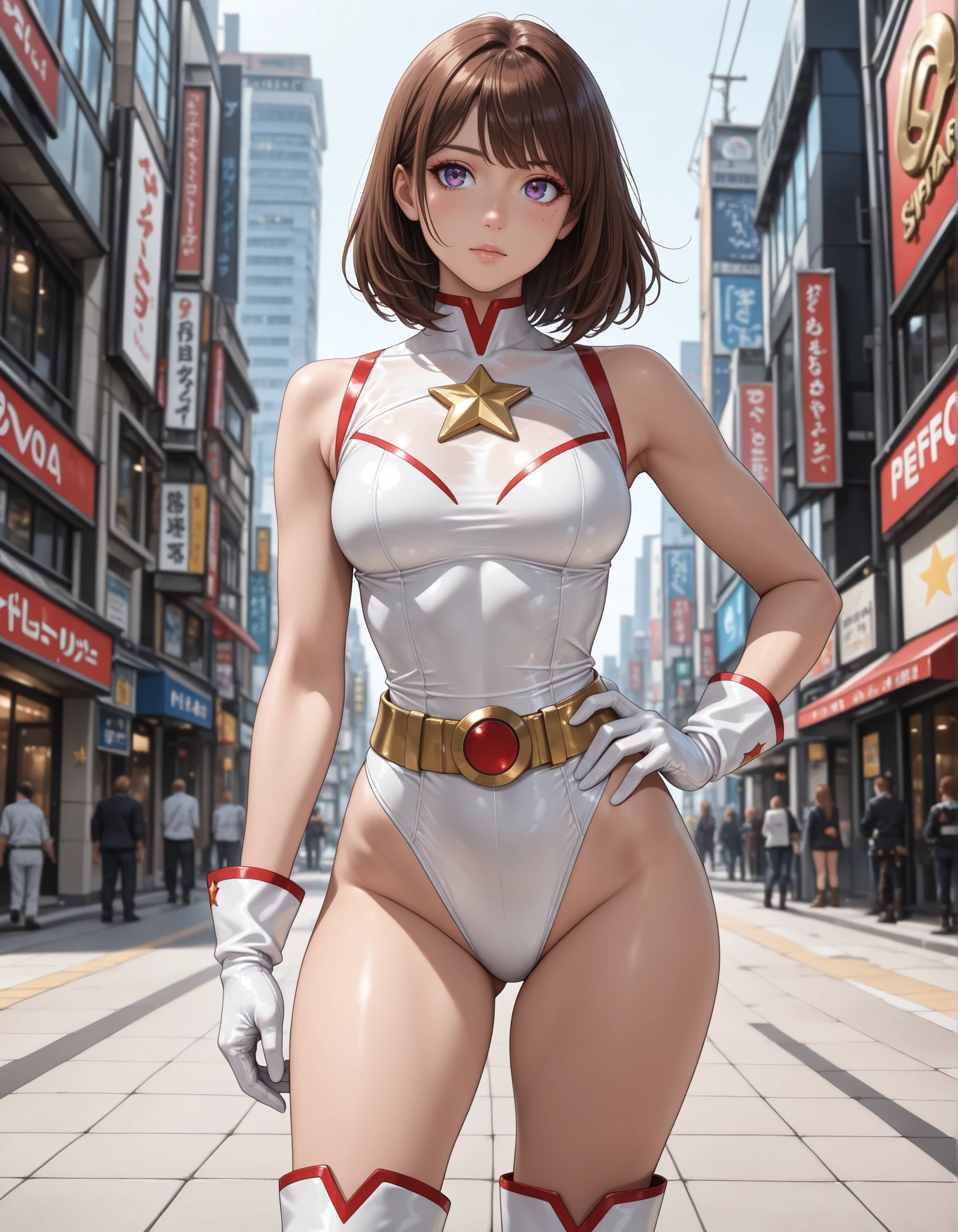 1girl, medium breasts, leotard, white and red leotard, bare legs, tight belt, gold belt, boots, matching boots, ankle boots, white boots, gloves, white glove, city backdrop, tokyo city backdrop, solo, single, hands on hip, standing, full body shot, cowboy shot, superhero, beautiful detailed eyes, mature lady, gold star symbol on chest, brown hair, short hair, bob hair, purple eyes, sleeveless, perfect anatomy, masterpiece