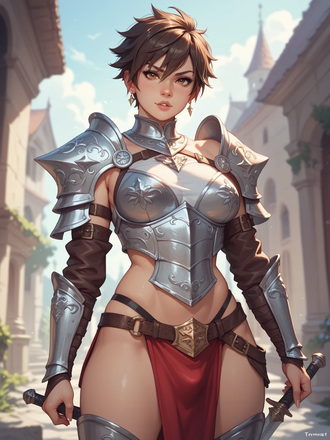photo of mlp Meowko, RAW, beautiful woman, ((portrait)), ((detailed face:1.2)), ((anime face, anime facial feature, beautiful anime mouth, clear skin, clear skin), (short lesbian haircut, one shaved side, brunette: 1.55), (perfect proportioned body, Strong, muscular, narrow waist, narrow hips, skinny, medium breasts), ((she wears a detailed tactical gear:1.1), (body armor, white metallic chest plate, exposed belly button:1.1), (combat pants, leather), (holding a Viking battle axe:1.15), detailed background, castle courtyard, pavilion, fantasy city, (action shot, fighting), (realistic photo, best quality, detailed), (8k wallpaper), (cinematic lighting, beautiful light, (day:1.3)) (sharp focus, intricate)