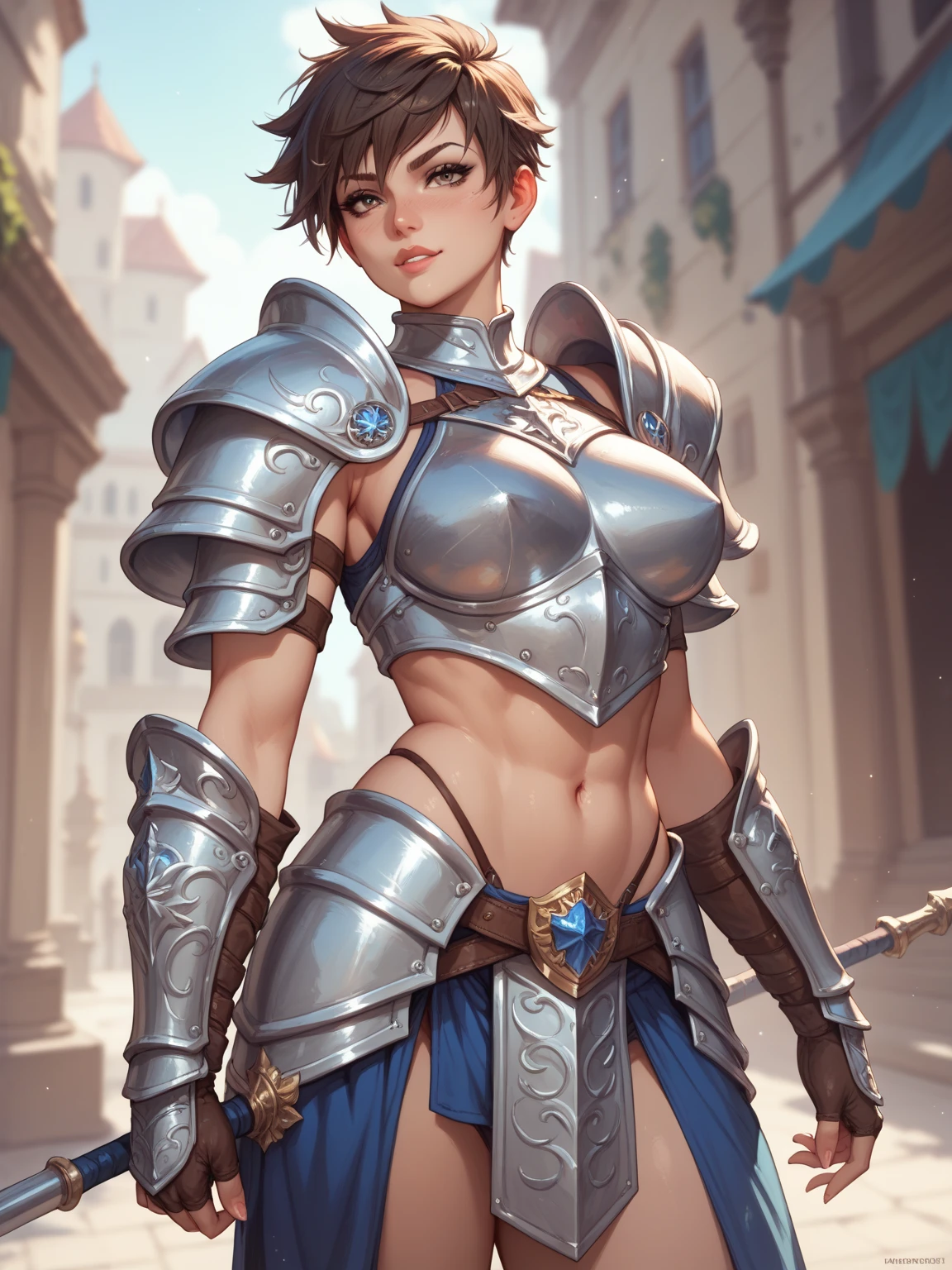 (high resolution, pixel perfect, gorgeous illustrations), (hyper quality, muste piece, etheric: 1.4), (((cowboy shot))), face focus, ((solo)), (((Androgynous, boyish))), (((((punk))))), hot Rocker punk girl, ((((hand on hip, open stance)))), cool atmosphere, black hair, ((((very_short_hair, slicked_back_hair)))), ((((piercing)))), eyelid_piercing, nose_piercing, (((Exquisite face, aroused))), blush, tattoo, ((((muscular_female)))), (ideal ratio body proportions, slender, small breasts), fighter, (((naked armor))), sweat, shiny skin, gleaming skin, simple background,