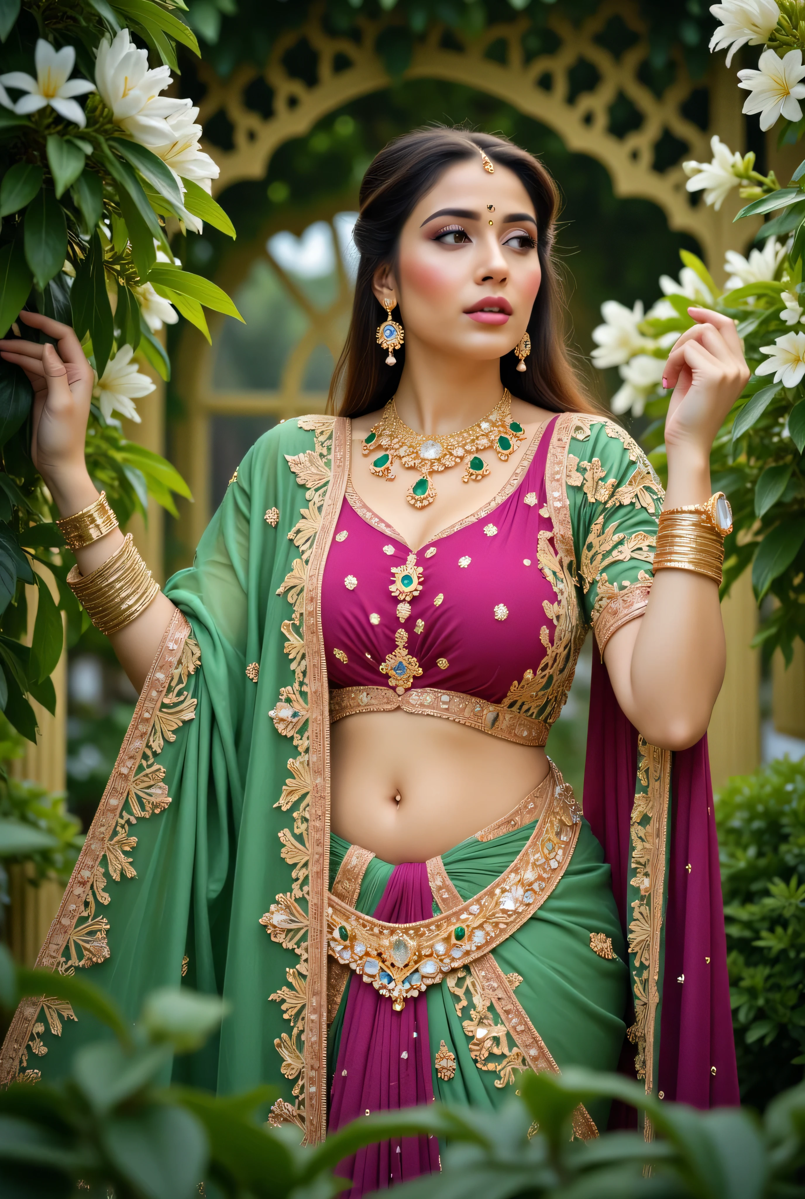 A captivating portrait of a beautiful woman in a traditional Indian saree, posed elegantly in a lush garden setting. The saree is a stunning combination of vibrant green and magenta, adorned with intricate gold embroidery and embellishments. The blouse features a deep neckline with ornate golden patterns, seamlessly blending with the saree’s rich, luxurious fabric. The saree's pallu drapes gracefully over her shoulder, accentuating her poised and graceful demeanor.
The woman has long, flowing hair styled in soft waves, complementing her refined and graceful appearance. Her skin has a warm, glowing complexion, enhanced by subtle,natural makeup with a hint of blush and glossy pink lips. Her striking eyes are accentuated with soft eyeliner and long lashes, and she wears a traditional bindi on her forehead, adding a touch of cultural elegance.
She is adorned with traditional Indian jewelry, including a grand gold necklace with emerald gemstones, matching chandelier earrings, and stacked golden bangles. The jewelry sparkles subtly under the soft natural light. The setting features a garden filled with blooming white flowers, lush greenery, and intricate lattice structures, creating a serene and romantic atmosphere.Lighting is soft, with natural sunlight filtering through the foliage, casting delicate shadows and highlights on her face and attire. The overall mood of the image is one of elegance, grace, and timeless beauty, with a rich, vibrant color palette that highlights the cultural and artistic elements of traditional Indian fashion.Style: Hyper-realistic, vivid colors, high-detail embroidery, intricate jewelry design, soft natural lighting, graceful pose, serene garden ambiance.Camera Settings: High resolution, portrait orientation, shallow depth of field, focus on the subject, soft background blur to enhance the model's prominence.
