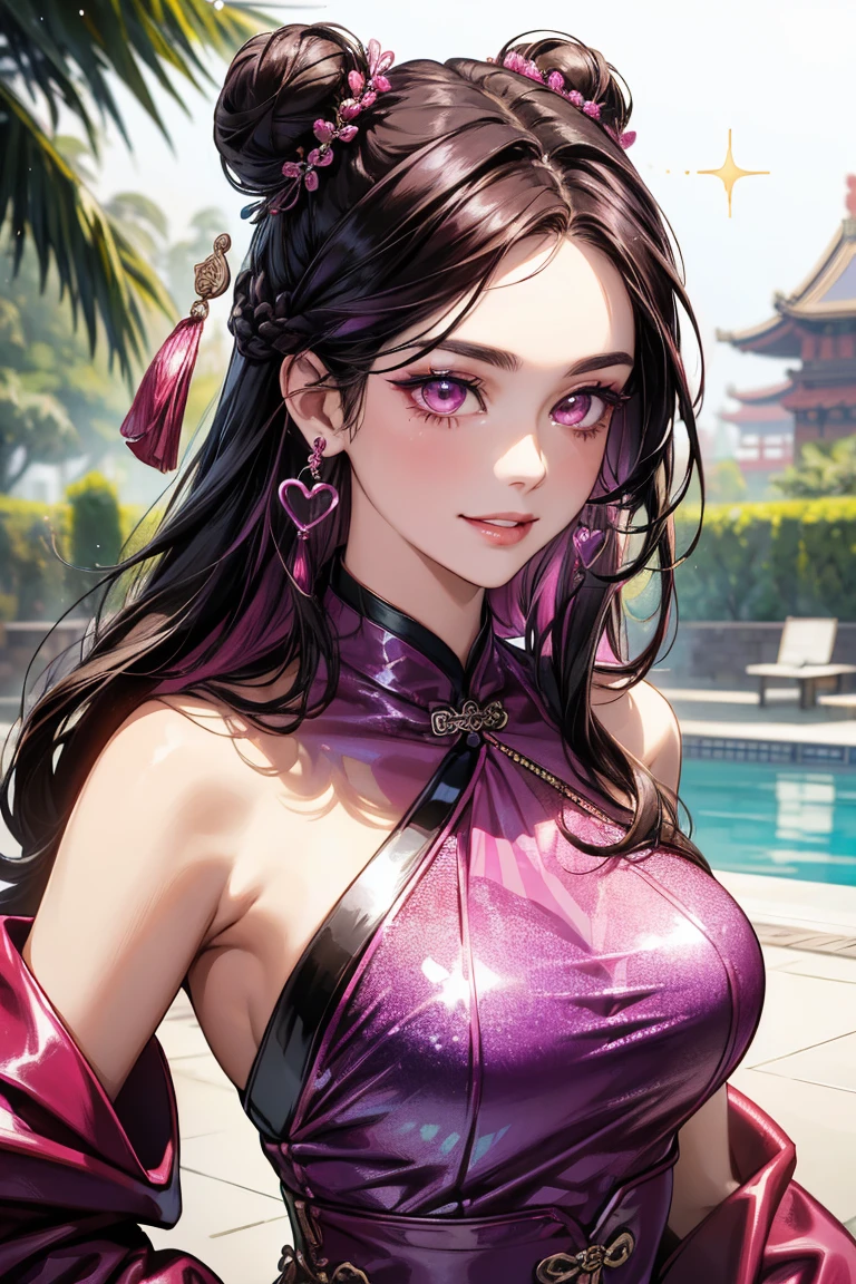 mulan,1 girl,black hair,huge breasts,look at viewer,heavy breathing,saliva,detailed,hiquality,top quality,smile,purple eyes,glowing eyes,glowing tattoos,halo,sideboob leotard,highleg leotard,open center