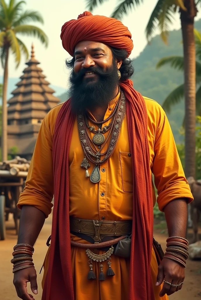 Provide an image of a chef dressed in attire inspired by Lord Shree Krishna's traditional Indian clothing, including a dhoti and cholle code, with a cooking utensil in hand.