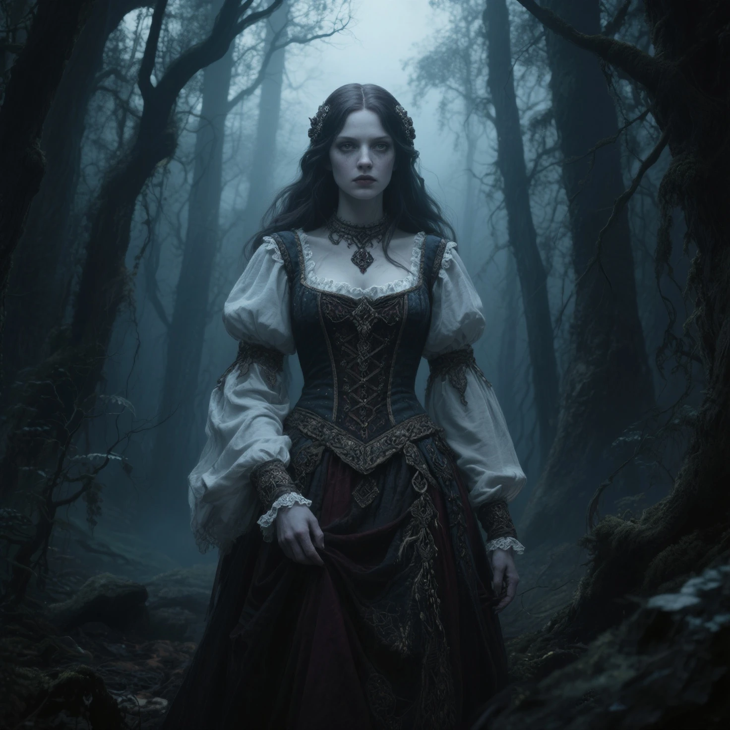 A hyperrealistic very pale woman with a long messy-straight redhair, freckled skin, skin pores, realistic textured skin, illuminated skin, wearing twigs on her head, wearing a white gothic dirty old dress. she is dancing in a forest around a big bonfire. Realistic textures, dark horror atmosphere, with dramatic lighting and intricate details in both the woman and the surroundings. A dark fantasy horror forest design, with shadows and light playing off her, intricate details, high contrast, high sharpness , (extremely detailed 8k wallpaper), (natural lighting), high qualiy, film grain, Sharp focus Fujifilm XT3, f5.6, 135mm, high détail, sharp focus, (external light), crazy details, complexdetails, hyperdetailed,