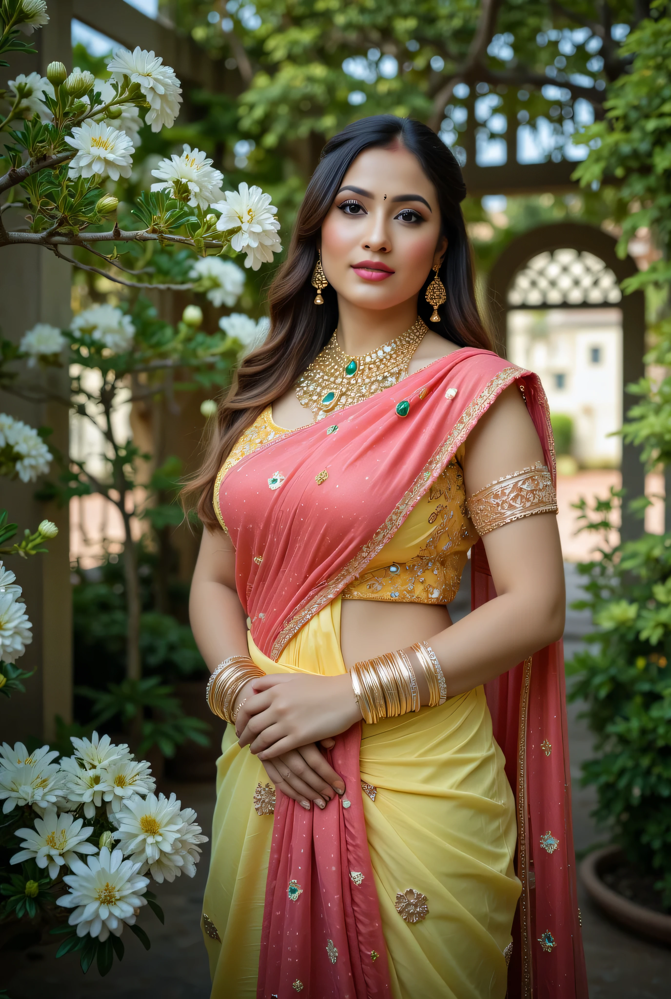 A captivating portrait of a beautiful woman in a traditional Indian saree, posed elegantly in a lush garden setting. The saree is a stunning combination of vibrant yellow and black, adorned with intricate gold embroidery and embellishments. The blouse features a deep neckline with ornate golden patterns, seamlessly blending with the saree’s rich, luxurious fabric. The saree's pallu drapes gracefully over her shoulder, accentuating her poised and graceful demeanor.
The woman has long, flowing hair styled in soft waves, complementing her refined and graceful appearance. Her skin has a warm, glowing complexion, enhanced by subtle,natural makeup with a hint of blush and glossy pink lips. Her striking eyes are accentuated with soft eyeliner and long lashes, and she wears a traditional bindi on her forehead, adding a touch of cultural elegance.
She is adorned with traditional Indian jewelry, including a grand gold necklace with emerald gemstones, matching chandelier earrings, and stacked golden bangles. The jewelry sparkles subtly under the soft natural light. The setting features a garden filled with blooming white flowers, lush greenery, and intricate lattice structures, creating a serene and romantic atmosphere.Lighting is soft, with natural sunlight filtering through the foliage, casting delicate shadows and highlights on her face and attire. The overall mood of the image is one of elegance, grace, and timeless beauty, with a rich, vibrant color palette that highlights the cultural and artistic elements of traditional Indian fashion.Style: Hyper-realistic, vivid colors, high-detail embroidery, intricate jewelry design, soft natural lighting, graceful pose, serene garden ambiance.Camera Settings: High resolution, portrait orientation, shallow depth of field, focus on the subject, soft background blur to enhance the model's prominence.