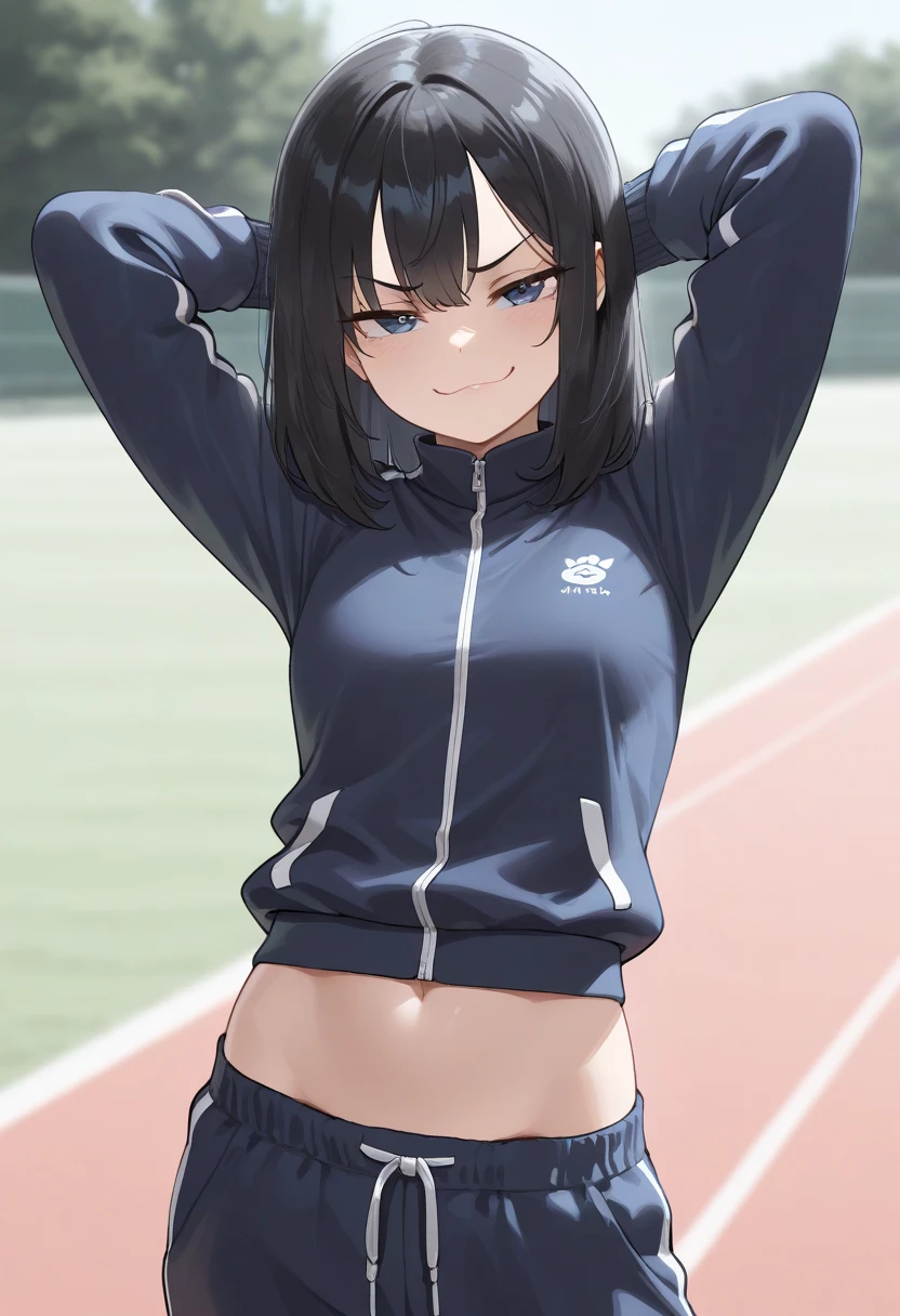 muscular girl small breasts thick thick thick thick thick black hair yellow eyes pale skin disappointed sad frown athletic female