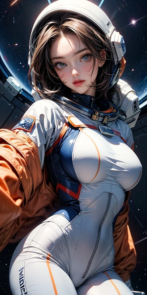 Side view,,gritty hair fit body massive breasts (protuding erect nipples) slim thighs slim waist pilot suit top, nude lower body, bare belly, bare buttocks, bare thighs, smiling looking at the viewer. Sat in padded pilots chair, legs spread. space craft long hair blushing determination, 8k, Detalle extremo,More detailed 8K.motor irreal:1.4,UHD,La mejor calidad:1.4, fotorrealista:1.4, textura de la piel:1.4, obra maestra:1.8,obra-prima, mejor calidad,objeto Objeto], (detailed face features:1.3),(Traje de piloto:1.4)