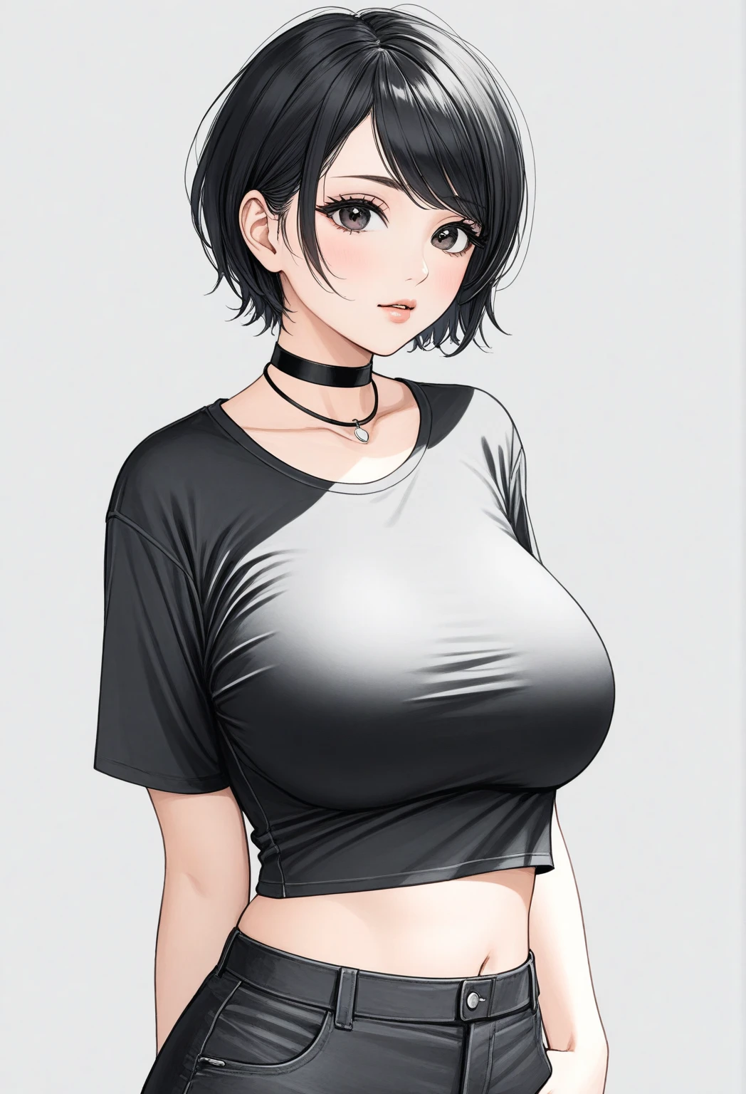 (beautiful detailed eyes, beautiful detailed face, perfect detailed body), mikictr, 1girl, solo, black eyes, short hair, closed mouth, lipstick, blush, large breasts, crop top, no bra, midriff, navel, upper body:1.5, standing, belt, blue short shorts, simple background