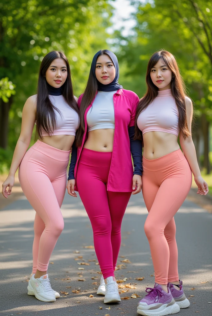 nsfw. photo realistic of 3 beautiful french lined up, beautiful western mixed oriental look, side poses. topless. tiny breast. college student with girlfriends. bob hair,. stairs. standing knee apart. half body view. see through. transparent. multiple girls and friends. nsfw. cameltoe. camel toe. sport shoes. thin tight white leggings.
