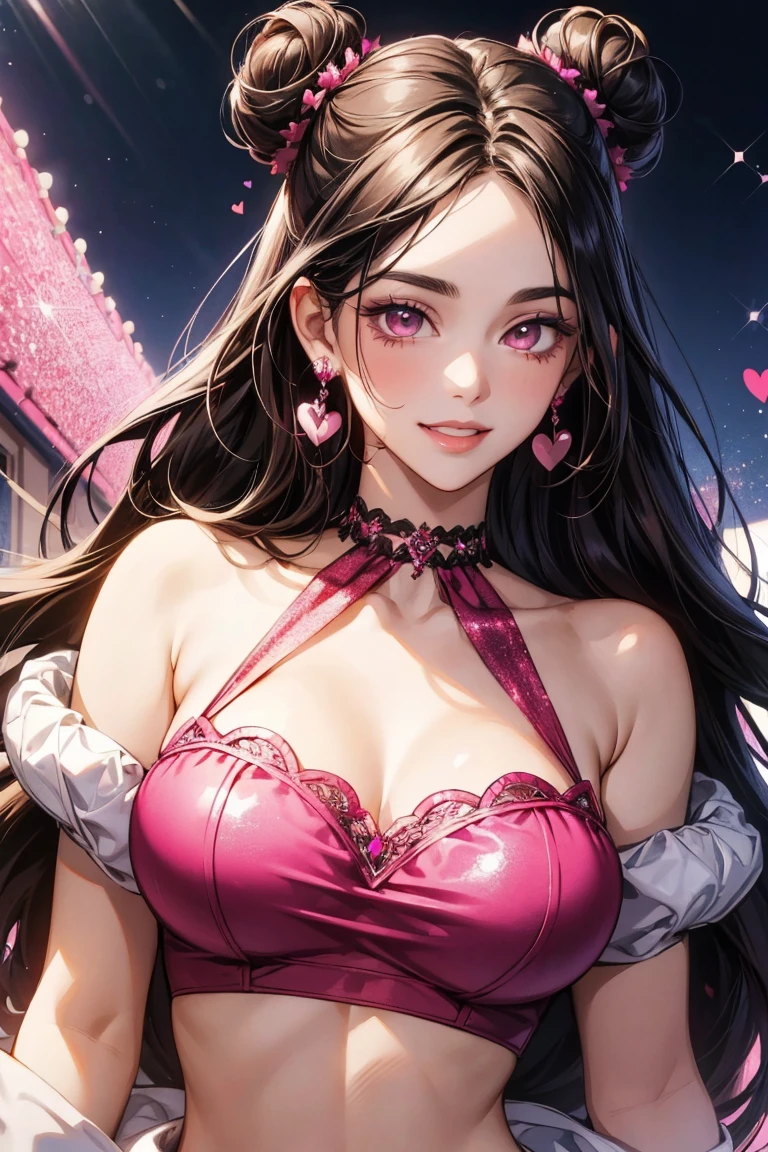dark hair color, pink eyes,sexy woman, cat ears, hearts, floating hearts, face only, long hair, smiling, hair ornament, up close face, closed mouth smile, up closeface, hair bows, sexy body, pink outfits
