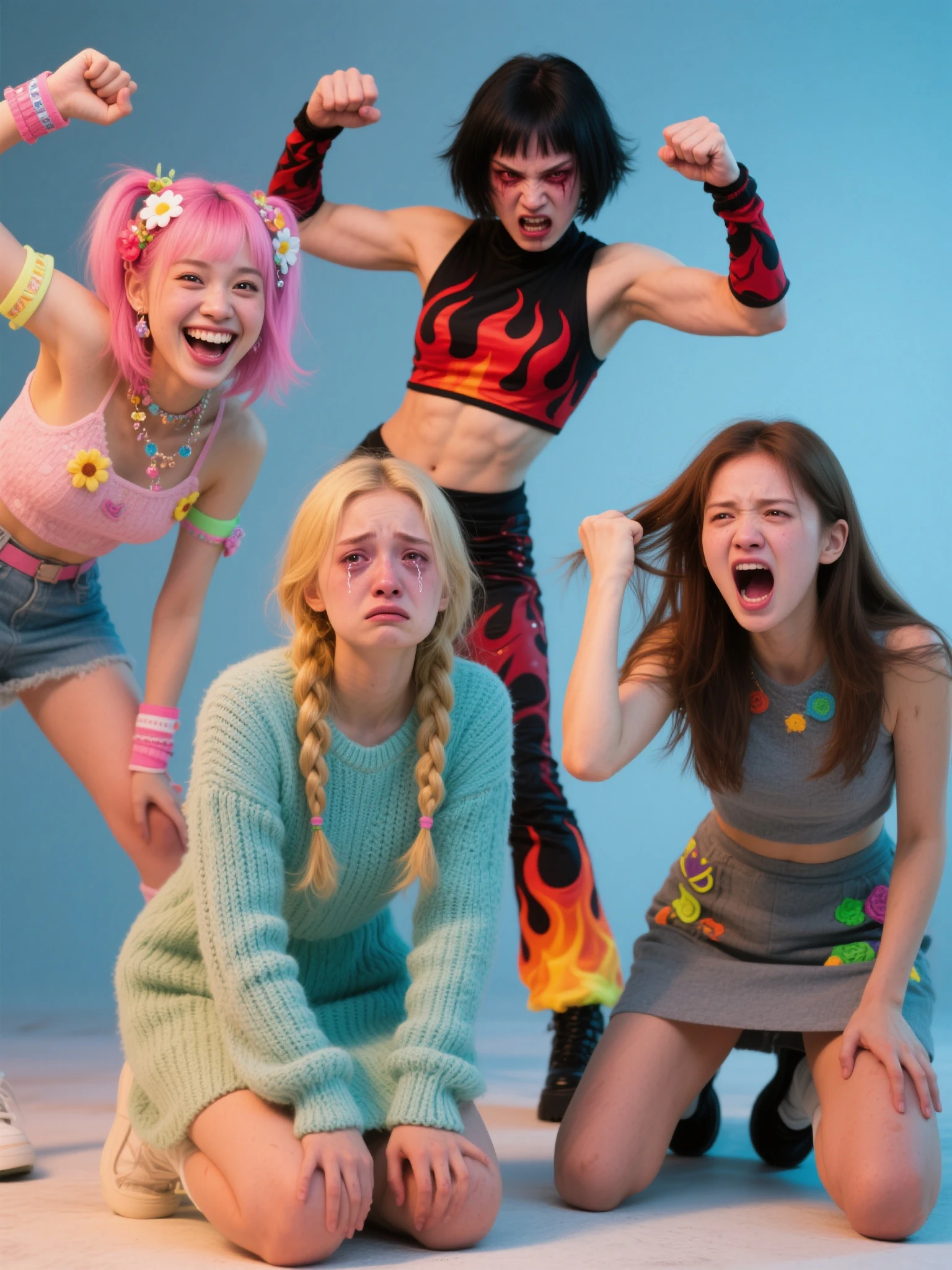 a group of young people jumping and swinging at a party. They have orange hair and others have gray hair. They are in a luxurious living room of young people at a party.
