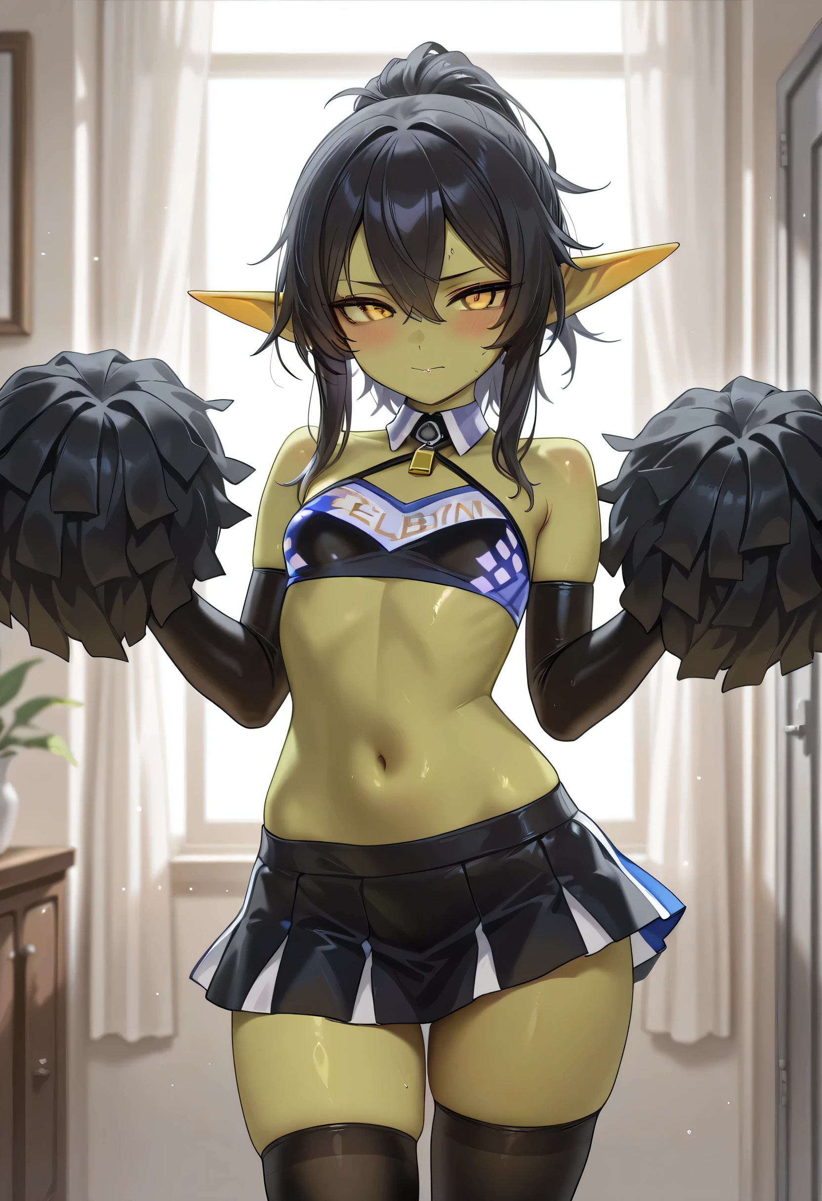 Beautiful elf goblin girl (black costume cheerleader) small breasts in a sexy pose