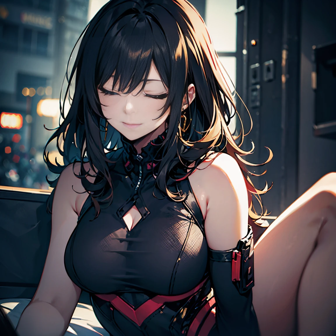 Woman sitting on bench in black and red costume, seductive anime girl, black stockings
