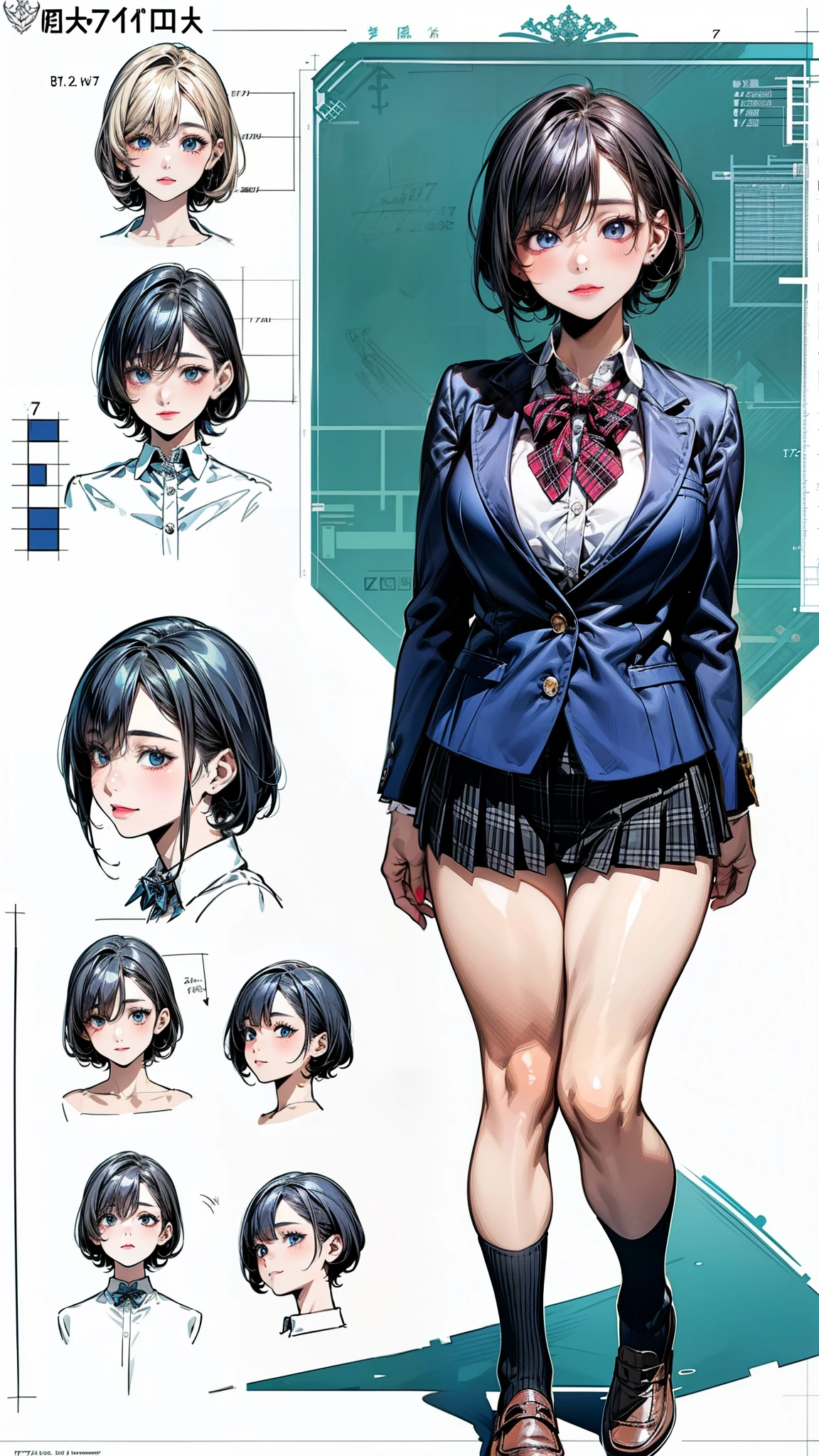 girl, alone, whole body, From head to toe, Are standing, (Huge_chest:1.3),
Character design sheet, Character Reference Sheet, 設計図のSchematic, Drafting, Blueprint, Schematic,
((Character design sheet:1.7, Character Reference Sheet:1.7,)),(realistic, photorealistic:1.2),
anime/cartoon character wearing a girls , 1girl, alone, socks, red bow tie, black plaid pleated mini skirt, long sleeve black blazer, (short hair:1.7, pixie cut hairstyle, hair over eyes, black hair), blue eyes, big eyes, long eye lasher, (medium breasts, narrow west, seductive thighs, camel toe, large ass), glamorous, skin dentation, babyface, cute face:1.2, tiny, curvy, , shoes, loafers, , (Very short skirt:1.1),