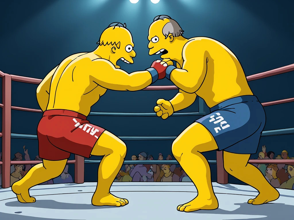 illustration, 2men (donald trump and joe biden), (red shorts and blue shorts), monochrome, angry and facing each other, full body, boxing ring, best quality, high resolution, <lora:lozhkin:1> lozhkin, open_mouth
