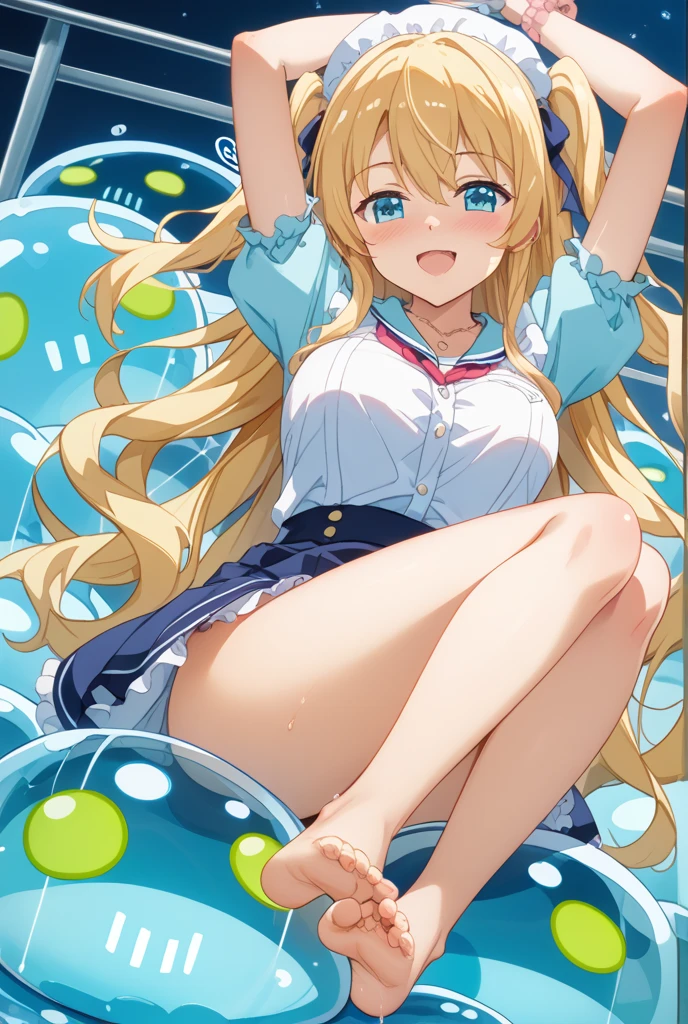 A blue eyed 12 year old girl with a cute blonde wavy headband is sitting naked with her legs spread wide and peeing, showing her ass, anus, pussy and small nipples.。I don't wear any underwear。A pose where you can be seen from below。are small。Pose that shows your anus。pussy and anus are spread。Spreading legs with both hands。is wet。pants are down to the knees。Has a pleasant expression。SEX。NFSW、(((being peered down from below))),