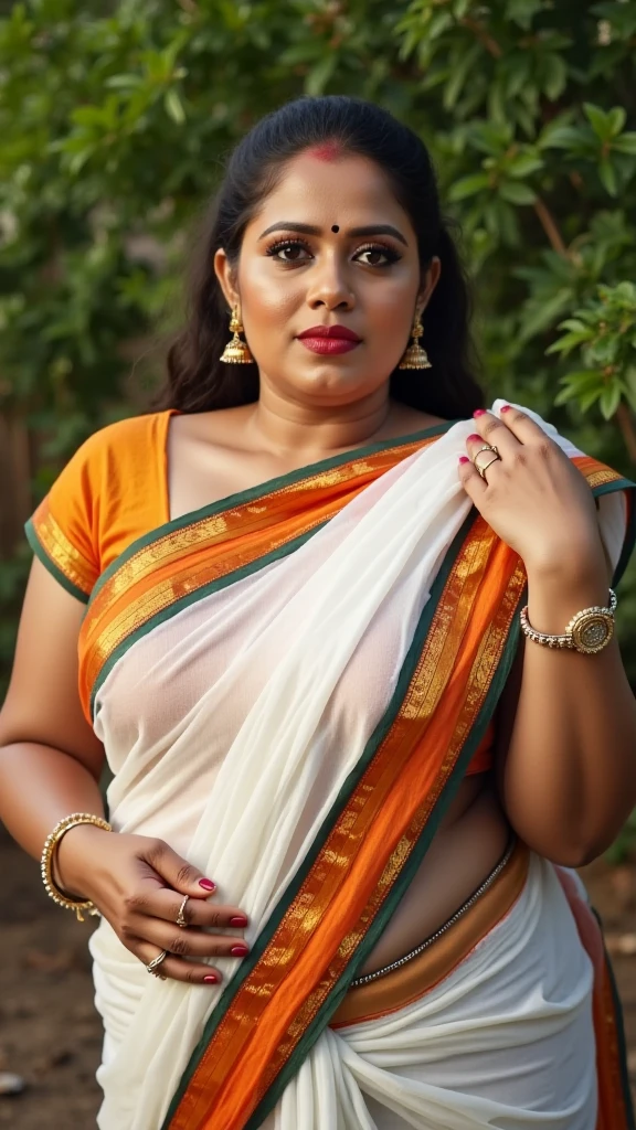 (best quality,4k,8k,highres,masterpiece:1.2),ultra-detailed,(realistic,photorealistic,photo-realistic:1.37), Indian woman wearing saree (onam saree), (young woman), 20 years old, (chubby cheeks:1.2), (curvy body:1.3), (eyeglasses), (bindi), An Indian beauty, charismatic, light Indian- skin, view the viewer, in a beautiful resort, both eyes are the same, hd, 2k, 4k , 8k, 16k.