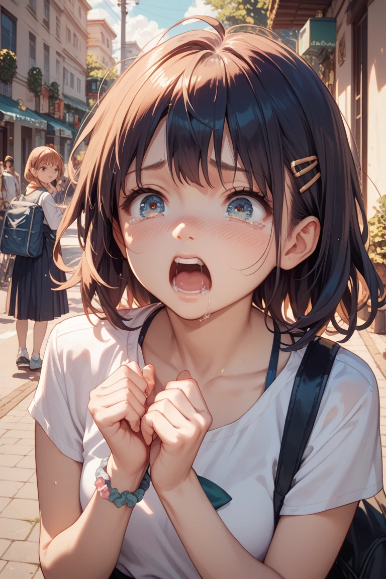 (((Browsing Caution, Close Up Facial  , Front view , From below , Movie angle))) ,(On all fours), break、（ 1girl、1boy）, 20-year-old, (close your eyes),(((Embarrassing, Excited, Fascinating, In the heat, orgasm,Blushing,shortness of breath, Very humid,vapor、Man grabbing woman&#39;s breastan behind))) , break (((Bright pink and green hair))),(Semi-long hair tied in one piece、Add a light pink ribbon to the end.:1.3),(((Two-part bangs , middle part, Bangs parted in the middle, Side-swept bangs))), (amount:1.3), (Small breasts:1.0) ,((Sweaty skin, Dripping , girl trembling with Sexual climax, Cum in pussy, pubic hair)) ,Thin dots, feminine, Slightly muscular, Dynamic pose,((((vagina,Sex, A boy and his penis,Heterolo, Women in front and men in back , dorsal position,  Cum in pussy, pubic hair)))), break, (((White - Solid - Short Sleeve - Safari Shirt   ,Bottomless))), break, (((Midnight,On the bed))),(masterpiece), (Realistic), (Highest quality), (Super detailed), wonderful, ((A face with attention to detail)) , clavicle, High resolution , (Super detailed), Smooth, 16K, Vibrant colors,vagina,Sex,