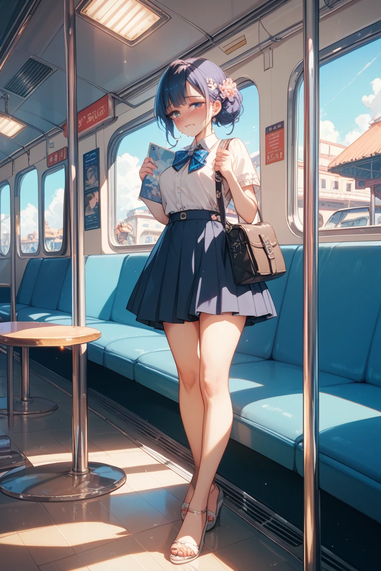 NSFW、masterpiece, 最high quality, high quality, High resolution, One girl, alone, Blue Hair, Long Hair, blue eyes, White shirt ,Black office skirt, Knee socks, whole body、Depth of written boundary, In a crowded train,(((Surrounded by men))),(((Molester)))、(((Body odor、Bad smell)))、(((Sweat)))、((((Sweat染み、Yellowing、odor))))、(((Soaking wet)))、(((((Love juice)))))、((((Detailed pussy))))、(((((Pooping)))))、((Leg spread))、(((Covered in bodily fluids)))、(((Squirting)))、(((cry)))、(((blush)))、(((Poop dripping down my legs))),(((Pee)))、(((Peeing)))、((Standing with a forward lean))、Angle from below、(((being peeked inside the skirt)))
