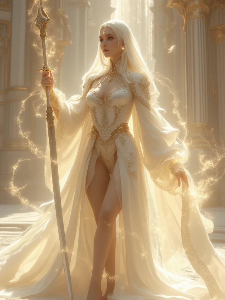 a beautiful female with gorgeous clothes, white and golden gown, (NSFW), (well-developed body), standing pose, future style, (fantasy), sci-fi, high resolution, detailed, ray tracing, nvidia RTX, Super Resolution, unreal 5, espalhamento subsuperficial, textura PBR, Post-processing, anisotropic filtering, profundidade de campo, Maximum Sharpness and Sharpness, textura multicamadas, mapeamento especular e albedo, surface shading, Precise simulation of light-material interactions, perfectly proportions, octane rendering, duotone lighting, ISO baixo, white-balance, rule of thirds, ampla abertura, 8K RAW, high efficiency subpixels