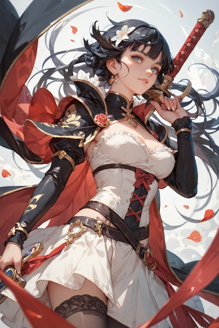 yor briar, anime style beutiful woman, 1girl, happy, smile, red face, closed mouth, beautiful detailed eyes, super detailed skin, backlighting, bare shoulders, black background, black dress, black gloves, black hair, breasts, dress, earrings, fingerless gloves, floating hair, floral print, flower, gloves, gold earrings, gold hairband, hair flower, hair ornament, hairband, holding, holding weapon, jewelry, large breasts, long hair, looking at viewer, off-shoulder dress, off shoulder,red eyes, short hair with long locks, sidelocks, solo, spikes, thighs, two-sided dress, two-sided fabric, weapon, fighting stance , face, close up, from above, highest quality, high resolution.