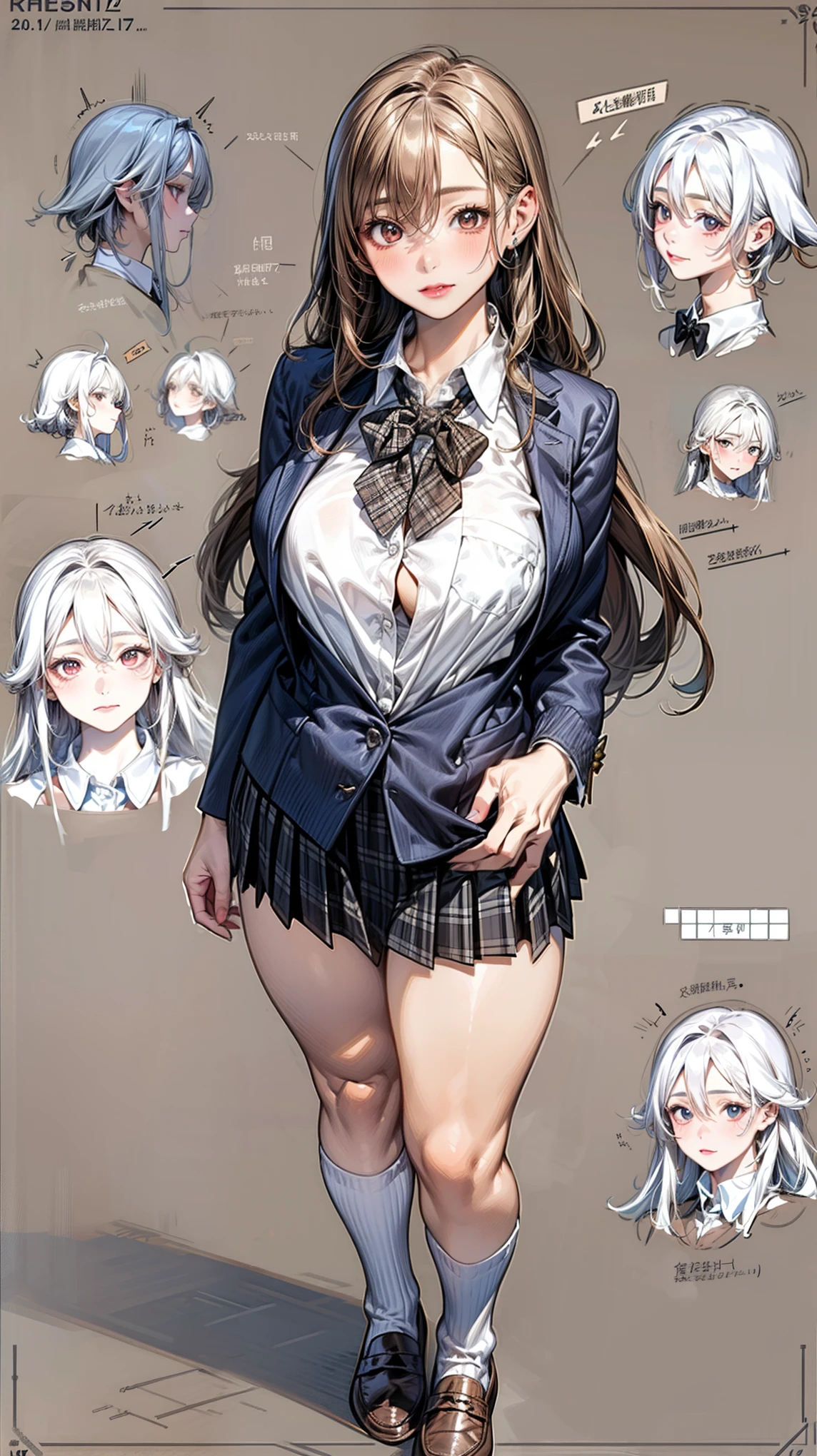 girl, alone, whole body, From head to toe, Are standing, (Huge_chest:1.3),
Character design sheet, Character Reference Sheet, 設計図のSchematic, Drafting, Blueprint, Schematic,
((Character design sheet:1.7, Character Reference Sheet:1.7,)),(realistic, photorealistic:1.2),
anime/cartoon character wearing a girls , 1girl, alone, socks, red bow tie, black plaid pleated mini skirt, long sleeve black blazer, (very long hair, straight hair, brown hair), hair between eyes, brown eyes, drooping eyes, big eyes, long eye lasher, (medium breasts, narrow west, seductive thighs, camel toe, large ass), glamorous, skin dentation, babyface, cute face:1.2, tiny, curvy, , shoes, loafers, , (Very short skirt:1.1),