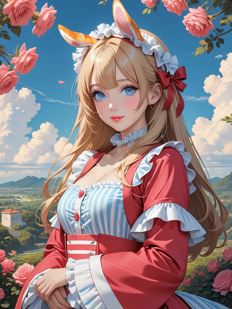 masterpiece,best quality,1girl, solo, hat, blonde hair, bow, star (symbol), flower, long hair, yellow eyes, looking at viewer, red bow, witch hat, upper body, bowtie, rose, smile, brown background, puffy sleeves, freckles, red bowtie, red flower, hair ornament, lips, kirisame marisa, bangs, hair over shoulder, red rose, closed mouth, simple background, hat flower, dress