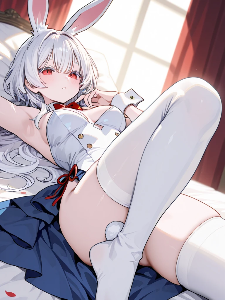 BREAK Perfect Anatomy、(High resolution:1.2)、Incredible illustrations、(Cute illustrations:1.2)、() (Beautiful background(on the bed )lying on back
1girl((silver hair, red eyes, tan skin:1.3), slender)
((blazer ,open clothes), silk underwear, garter stockings)